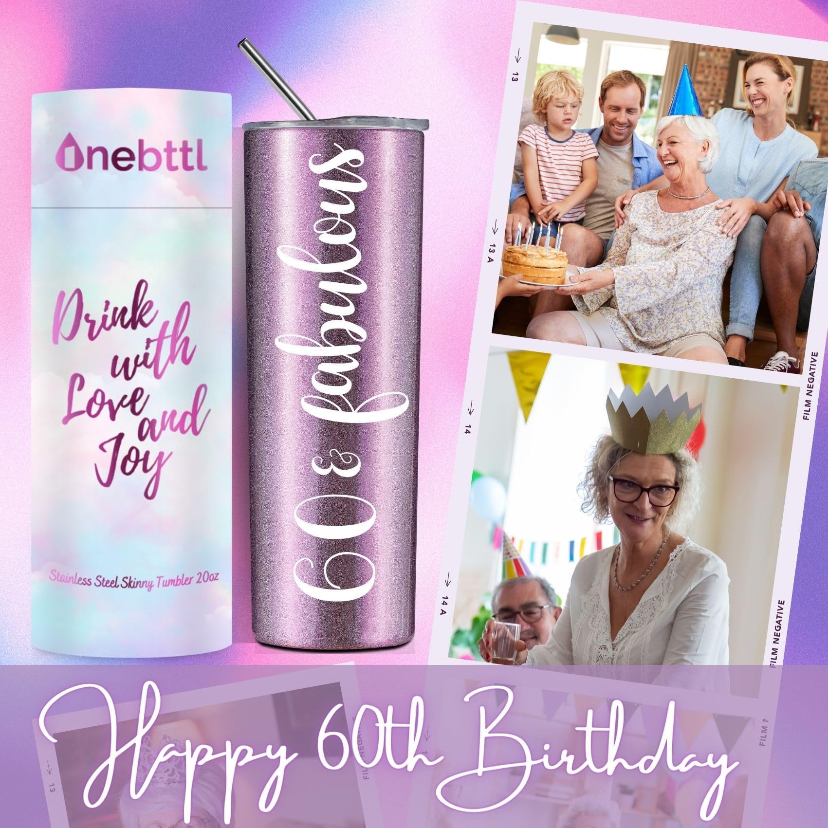 Onebttl 60th Birthday Gifts for Women - 20Oz Stainless Steel Tumbler in Purple | Elegant & Fabulous 60th Birthday Present for Mom, Grandma, Wife | Perfect for Coffee, Tea & Daily Hydration
