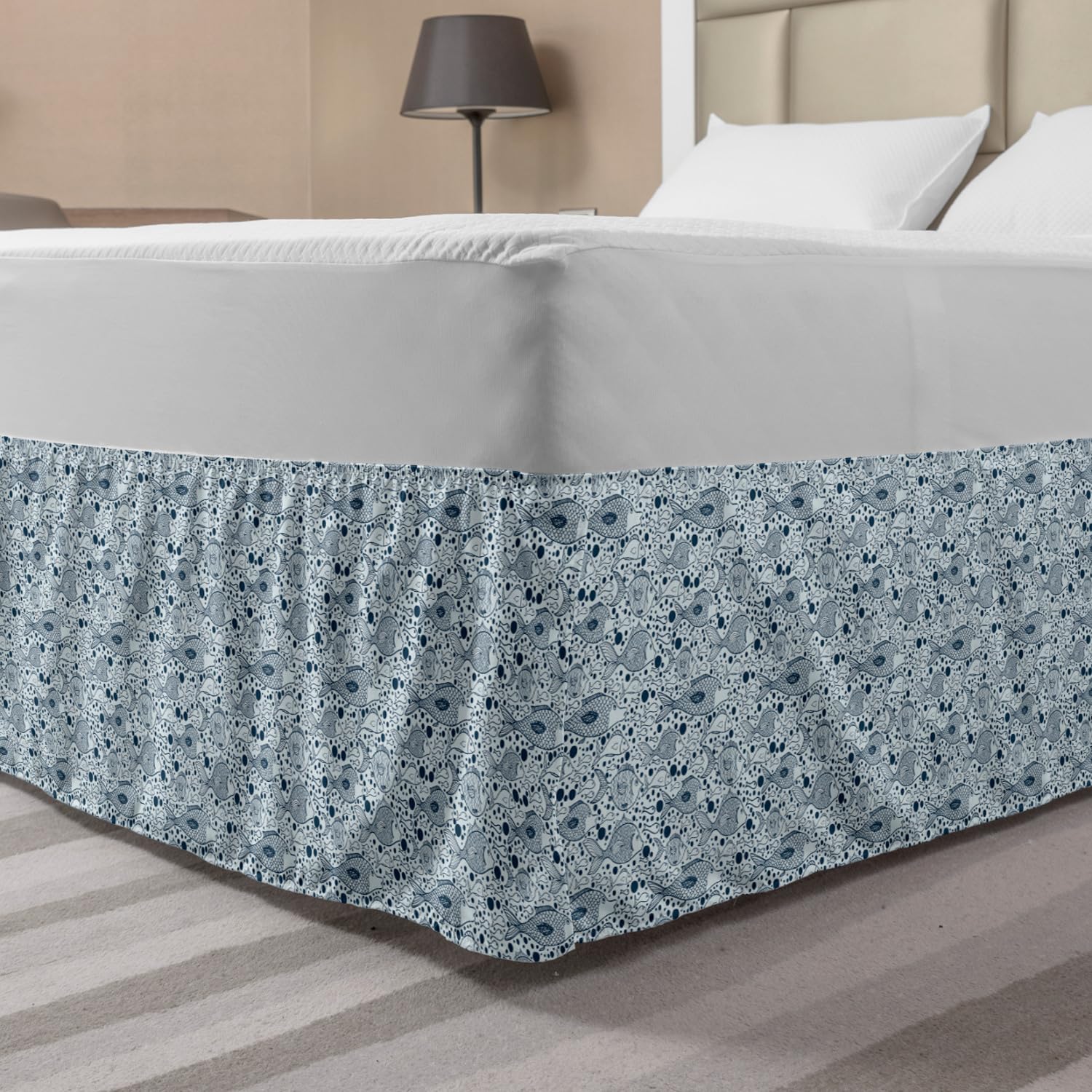 Ambesonne King Size Blue Bed Skirt - Underwater Fish with Bubbles Sea Life Design, Elastic Dust Ruffle Wrap for Bedding Decor | Perfect for Coastal, Nautical or Kids' Room Themes