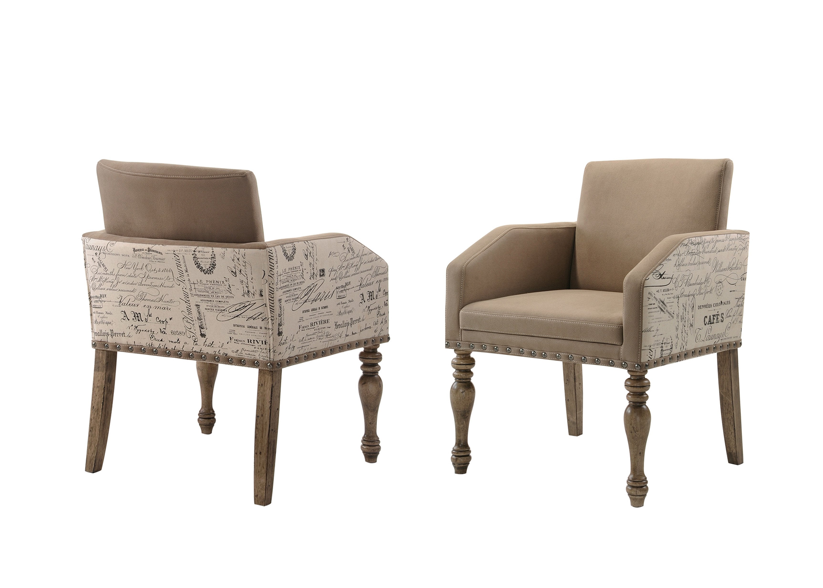 Roundhill Furniture Birmingham Script Printed Driftwood Finish Dining Arm Chairs with Nailhead Trim, Set of 2 - Farmhouse Style Kitchen & Dining Room Seating for Home Decor