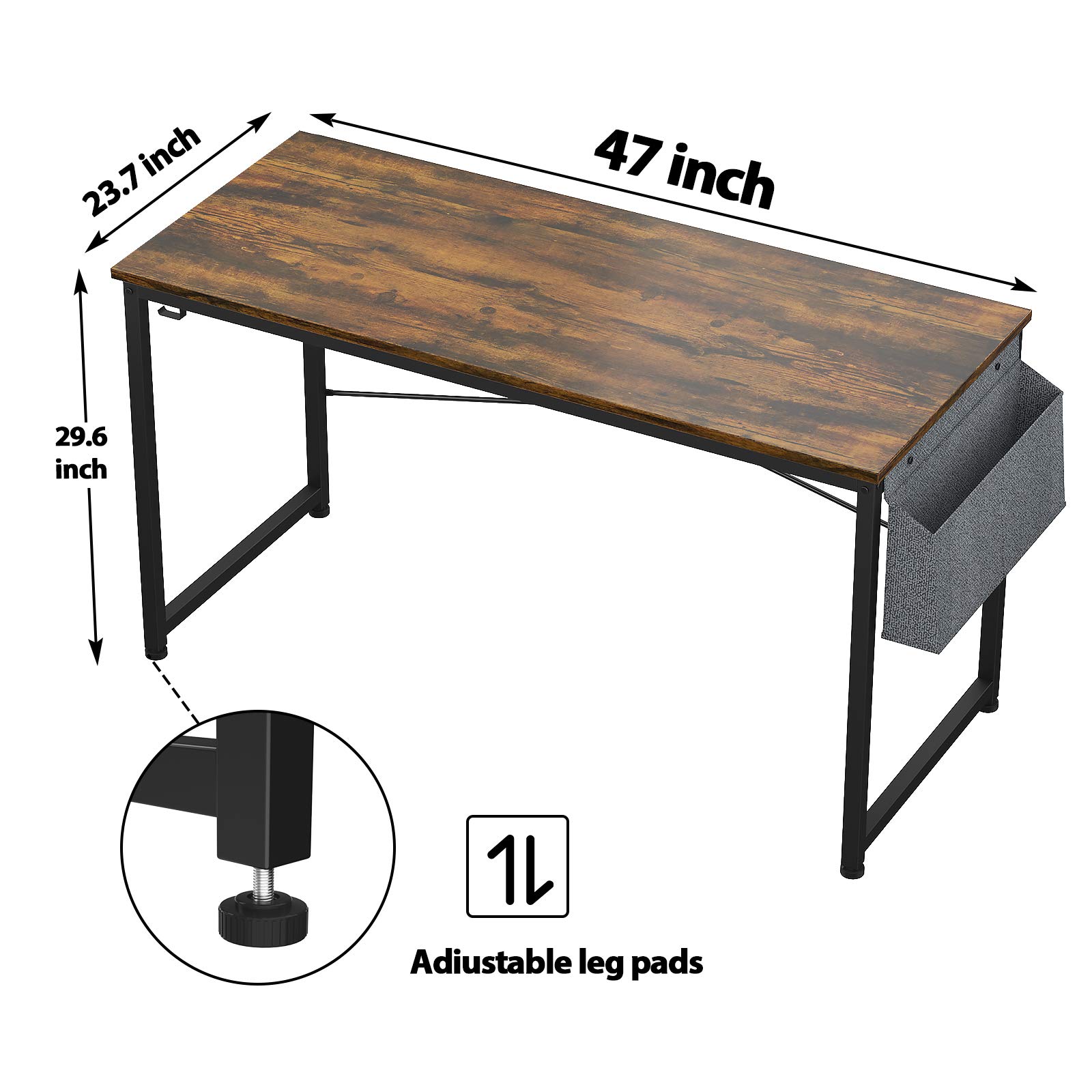 HomVent 47 Inch Modern Computer Desk - Home Office Writing Study Table with Storage Bag, Waterproof & Durable (Brown) - Perfect for Small Spaces, Work from Home, Online Classes & Gaming Setup