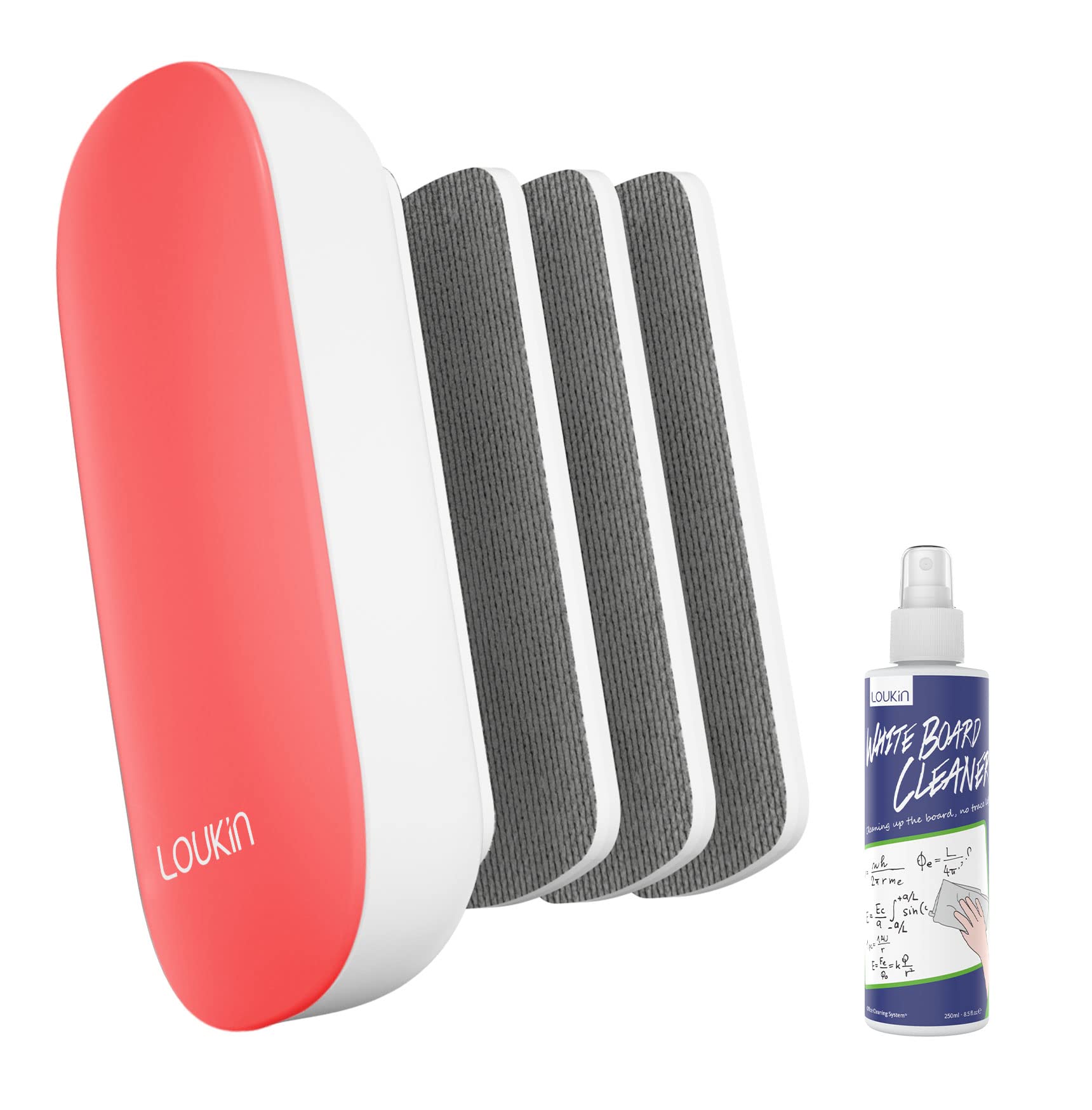 Magnetic Whiteboard Eraser with 3 Replaceable Felt Pads - 4-in-1 Glass Dry Erase Board Cleaner (Red) - Includes 3.4 fl oz Whiteboard Cleaner - Perfect for Office, Classroom & Home Use