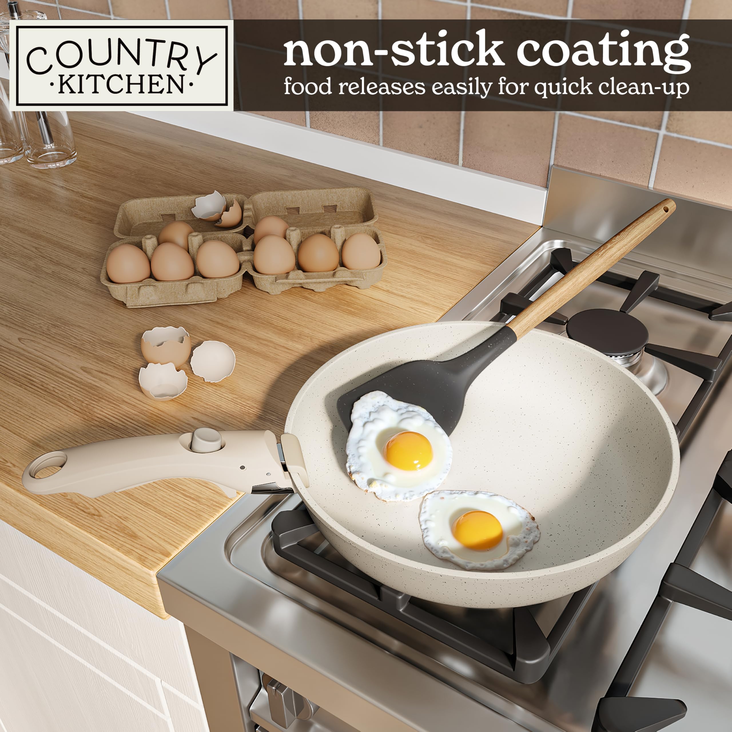 Country Kitchen Cookware Set with Removable Handle - Oven & RV Safe Nonstick Pots and Pans Set in Cream Color | Perfect for Camping, RV Trips & Small Space Cooking