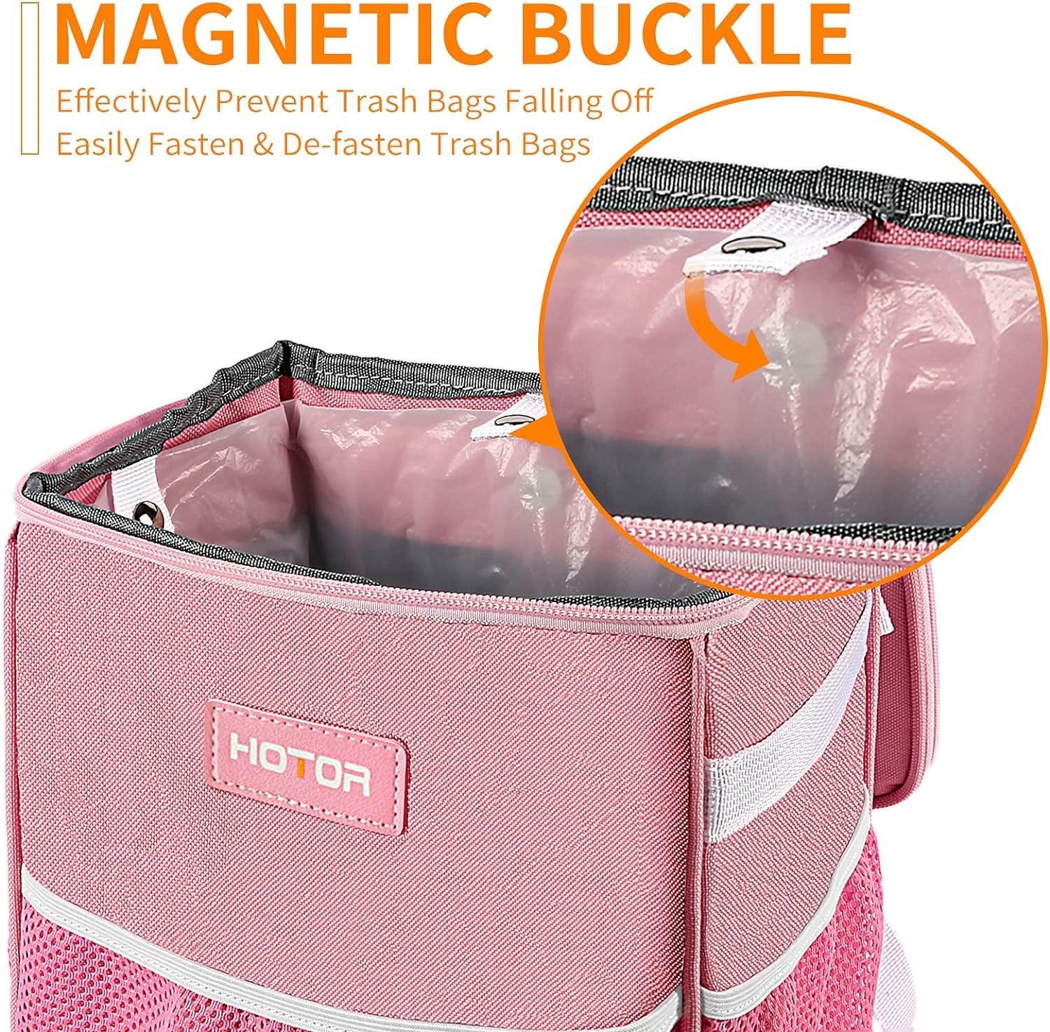 HOTOR 2 Gallon Car Trash Can with Lid - Leak-Proof Waterproof Garbage Bin with Storage Pockets | Multi-Purpose Vehicle Organizer for Road Trips, Commuting & Family Travel (Pink)