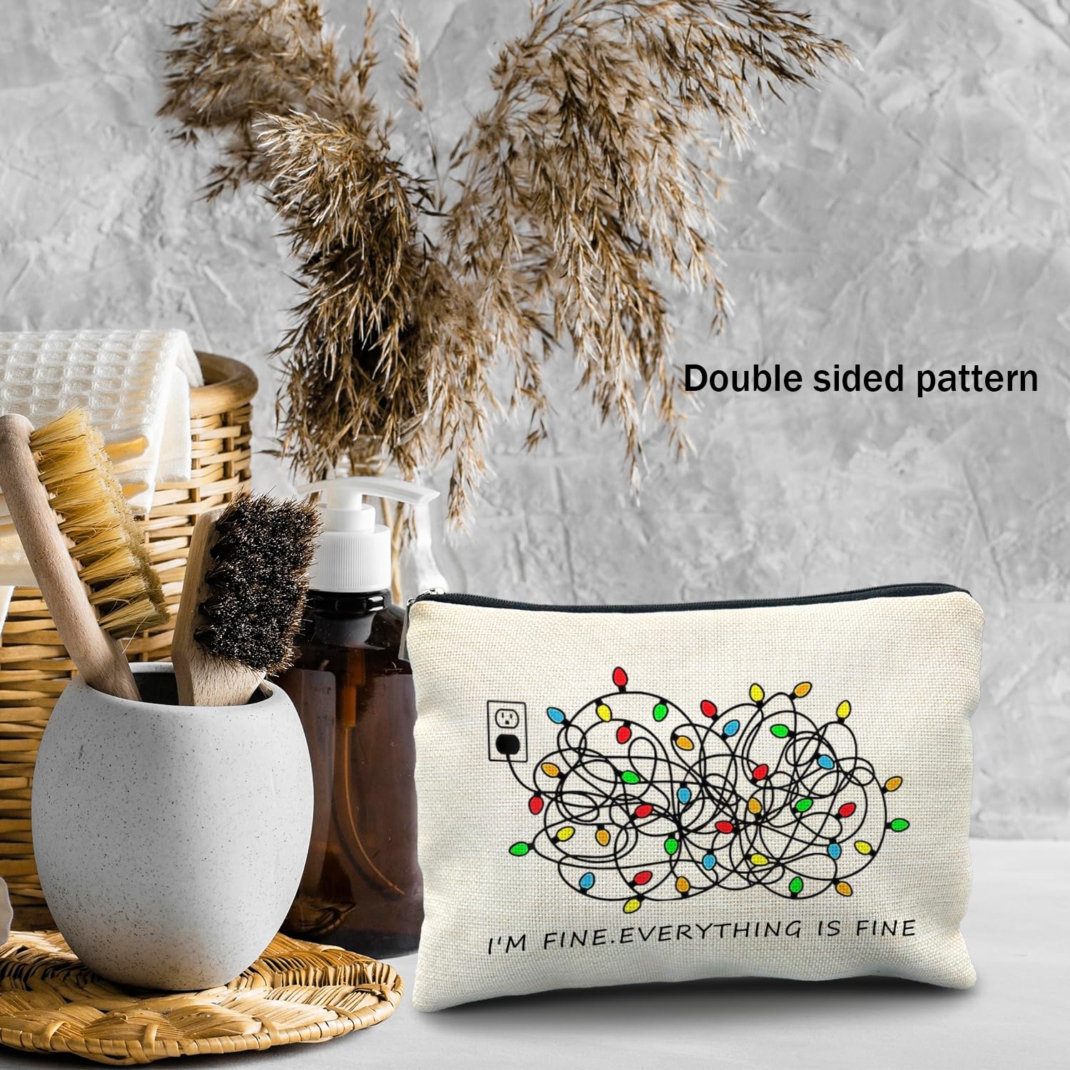 Daily Affirmations Makeup Bag for Women - Motivational Cosmetic Pouch with 'I'm Fine Everything Is Fine' Quote - Christmas Gifts for Her with Festive Lights Design (Perfect for Travel, Gym & Holiday Gift Giving)