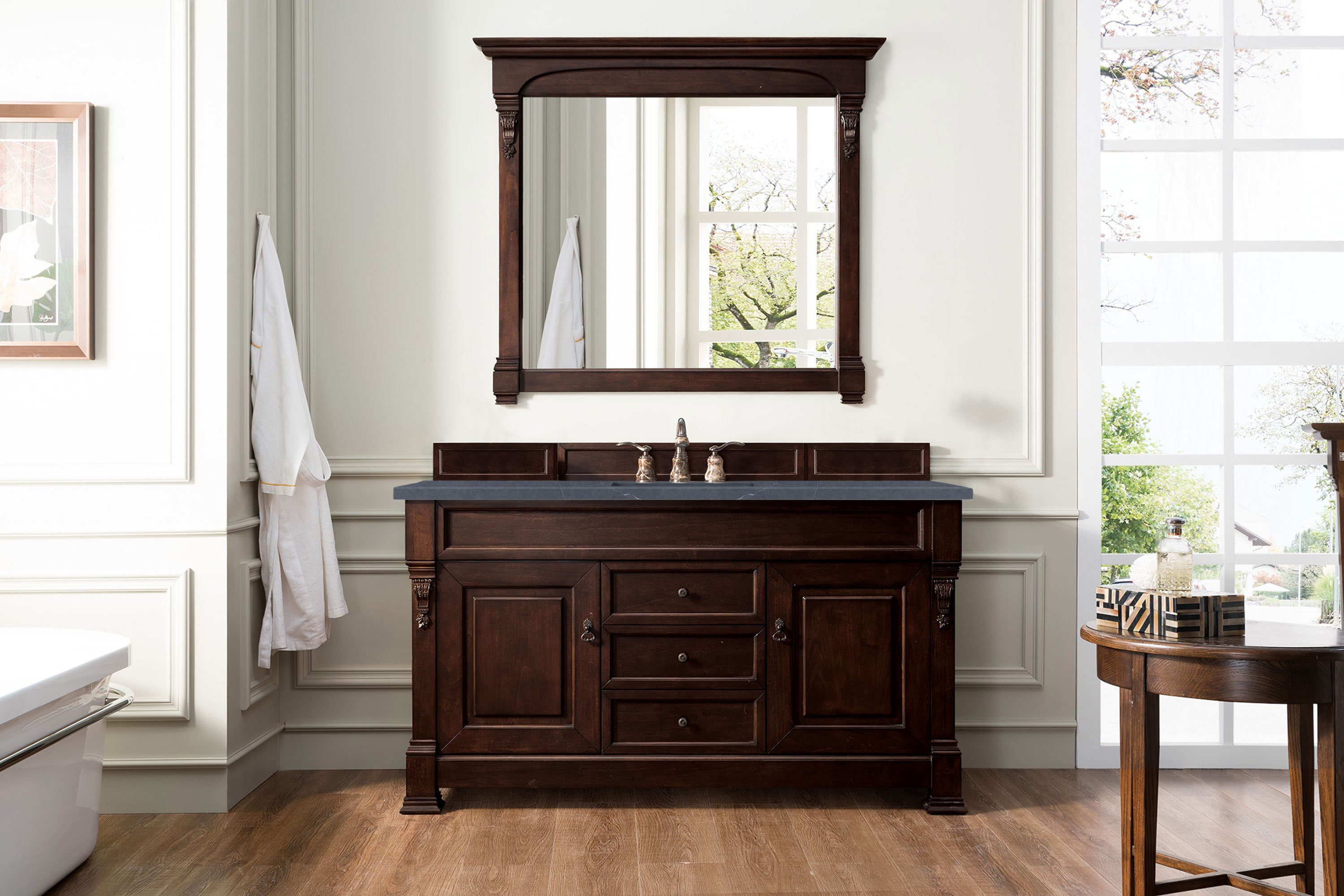 Brookfield 60-Inch Single Bathroom Vanity with Burnished Mahogany Base & 3CM Charcoal Soapstone Quartz Countertop - Perfect for Modern Master Bath or Powder Room Renovation