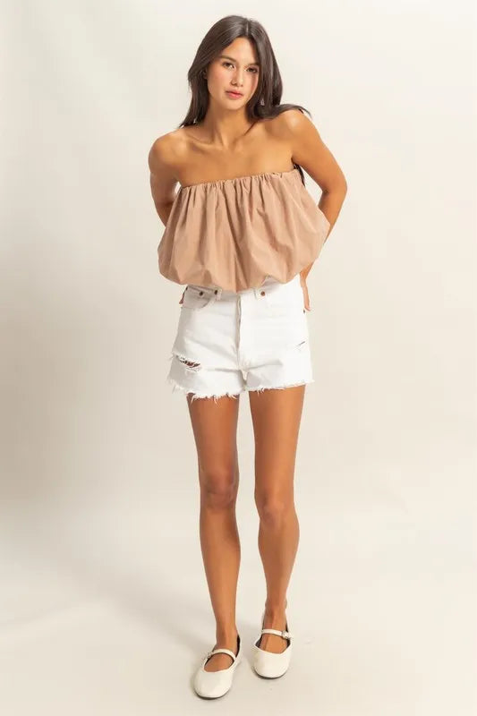Trendy Beige Strapless Bubble Top for Women - Chic Summer Outfit for Beach, Party & Casual Wear