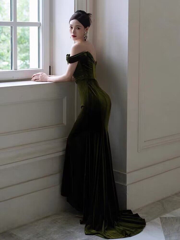 Elegant Off Shoulder Green Velvet Mermaid Prom Dress J2969 - Perfect for Homecoming, Formal Dances & Special Occasions