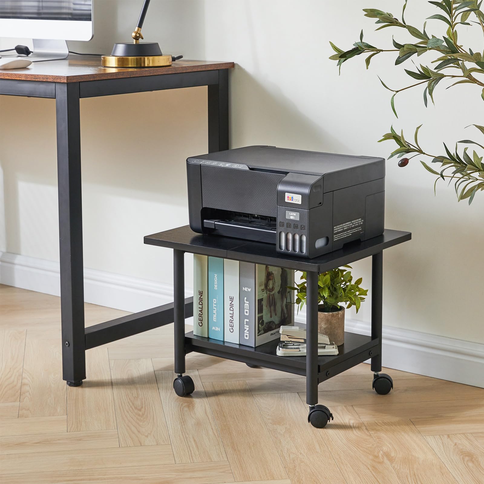 IBUYKE Under Desk Printer Stand - 2-Tier Heavy Duty Industrial Printer Cart with Storage Shelf | Multi-Purpose Office & Home Organizer for Fax Machine, Scanner, Files, Books | Space-Saving Workspace Solution (Black, Model TLJ010B)