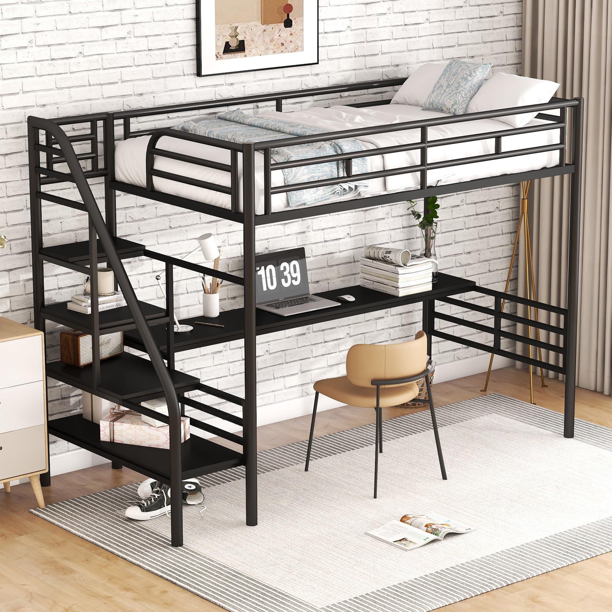 Harper & Bright Designs Twin Size Metal Loft Bed with Stairs, Desk & Workstation - Space Saving Kids & Teens Loft Bed Frame, No Box Spring Needed (Black) - Perfect for Small Bedrooms, Dorm Rooms & Home Offices