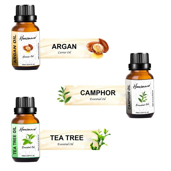 Premium Argan Oil, Camphor Oil & Tea Tree Oil Trio Set - Natural Hair Growth Serum, Skin Moisturizer & Anti-Aging Treatment | Aromatherapy Essential Oils for Relaxation & Deodorizing | Perfect for Daily Hair Care, Face Massage & Stress Relief (3-Pack)
