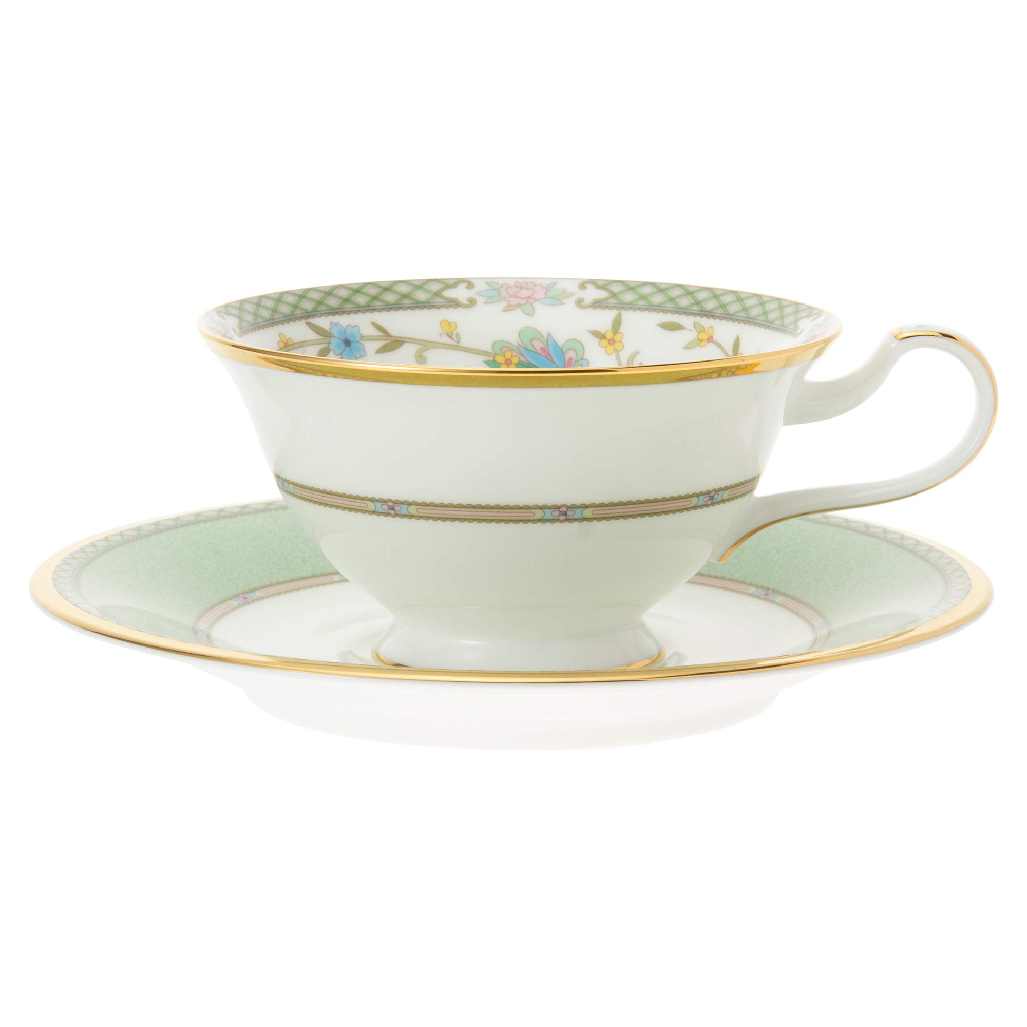 Noritake Bone China Tea and Coffee Cup Set - Yoshino Green & Pink Bowls (Pair) Y6988/998307 - Elegant Japanese Import for Afternoon Tea & Gifting
