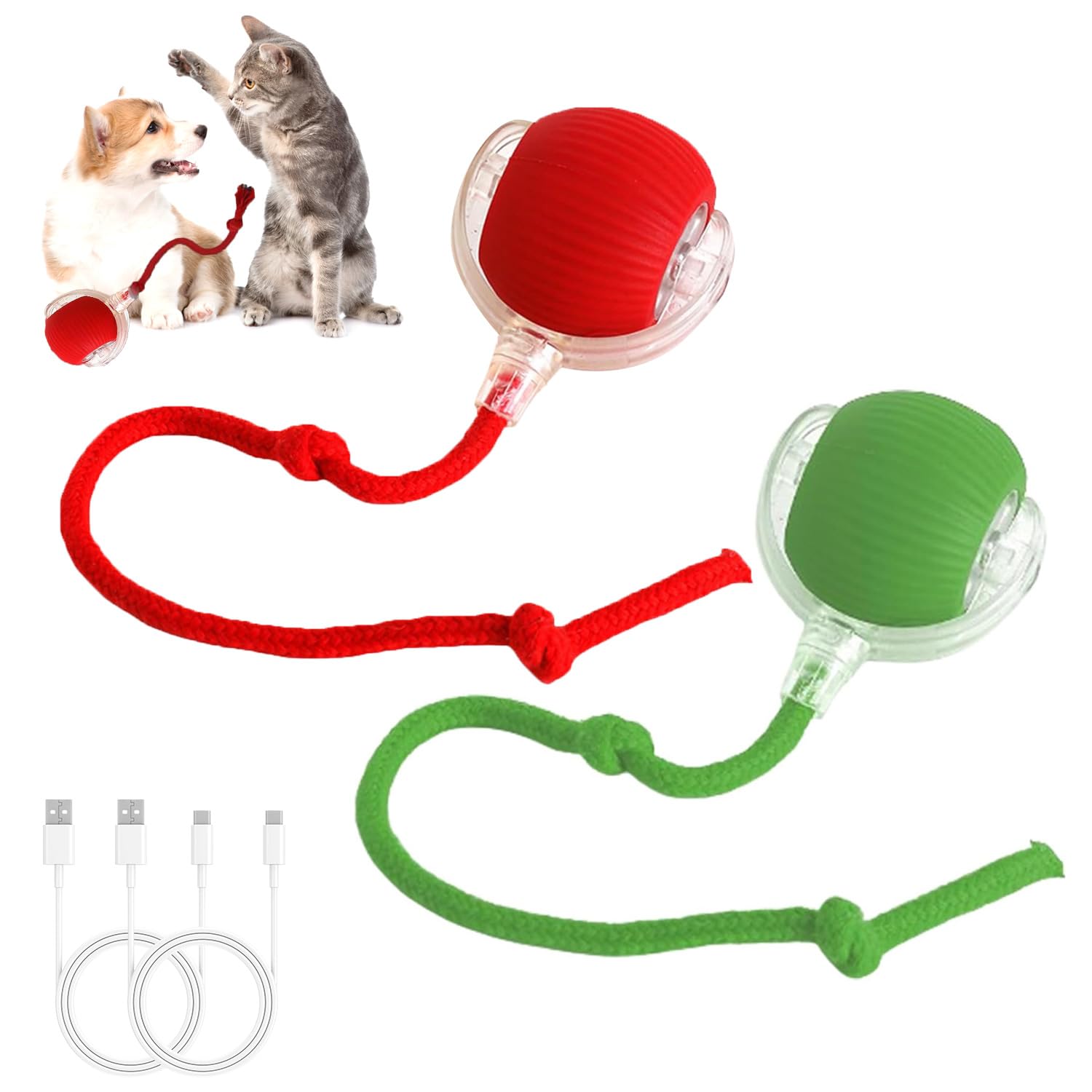 2PC Interactive Cat Toys for Indoor Cats - Smart Chase Ball & Moving Pet Toy for Dogs & Cats (Red+Green) - Perfect for Playtime, Exercise & Mental Stimulation