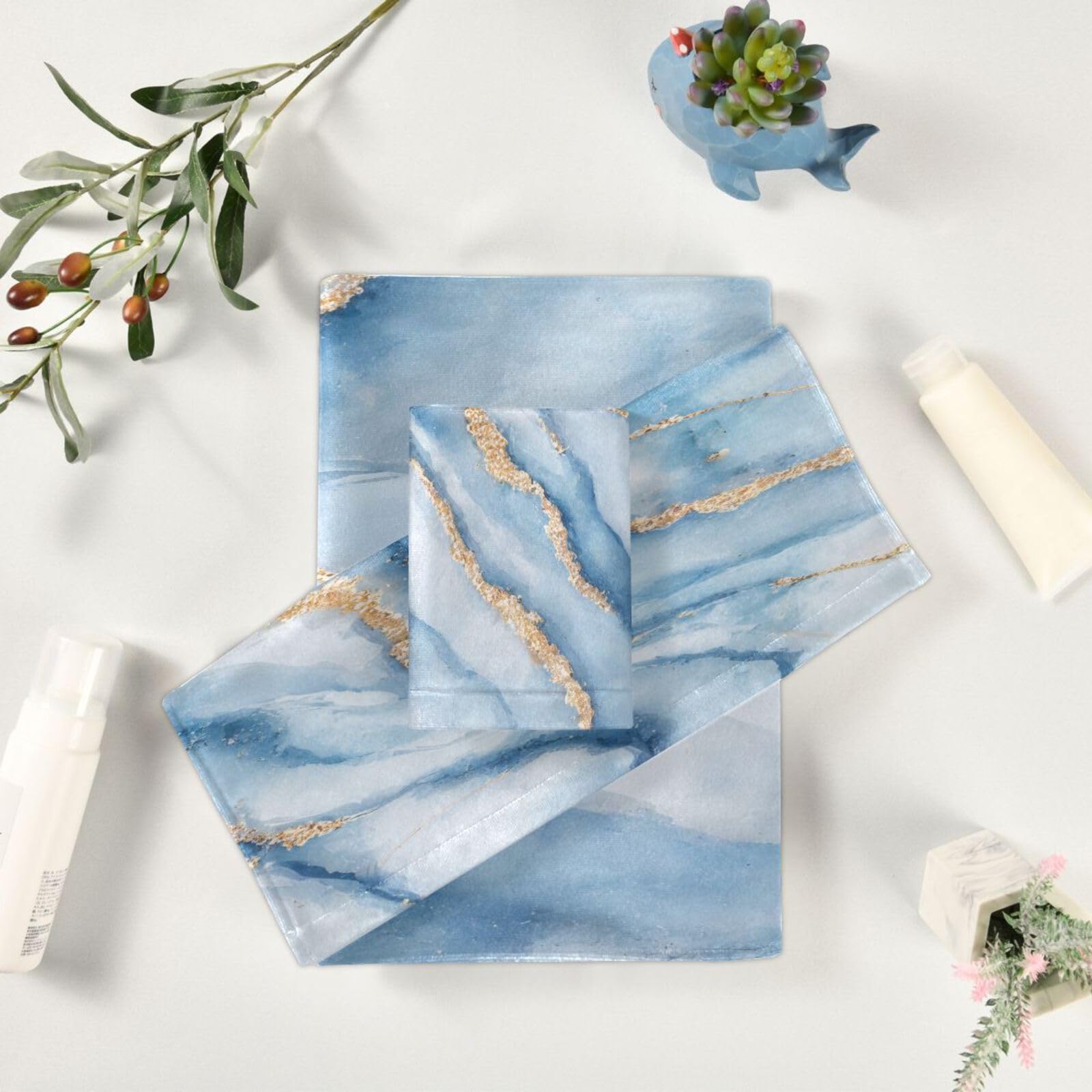 Premium Blue & White Marble Bath Towel Set - 3 Piece Soft Absorbent Eco-Friendly Cotton - Includes Bath Towel, Hand Towel & Washcloth - Perfect for Spa, Guest Bathroom & Luxury Home Decor