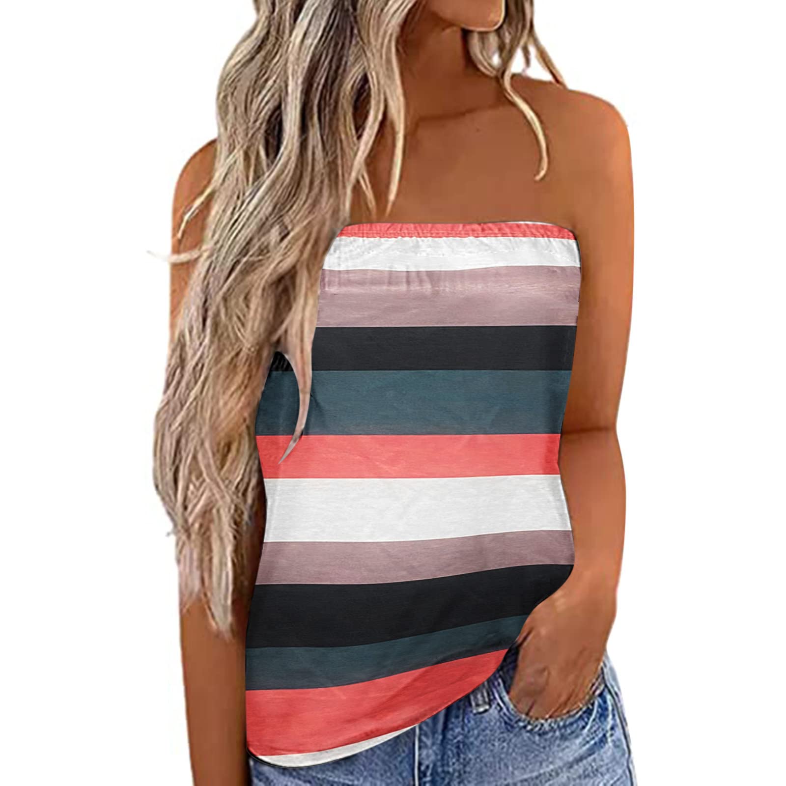 Trendy One Shoulder Tops for Women - Striped Strapless Bandeau Tank Top, Summer Loose Blouse & Casual Shirt | Perfect for Beach Outings, Pool Parties & Summer Vacations