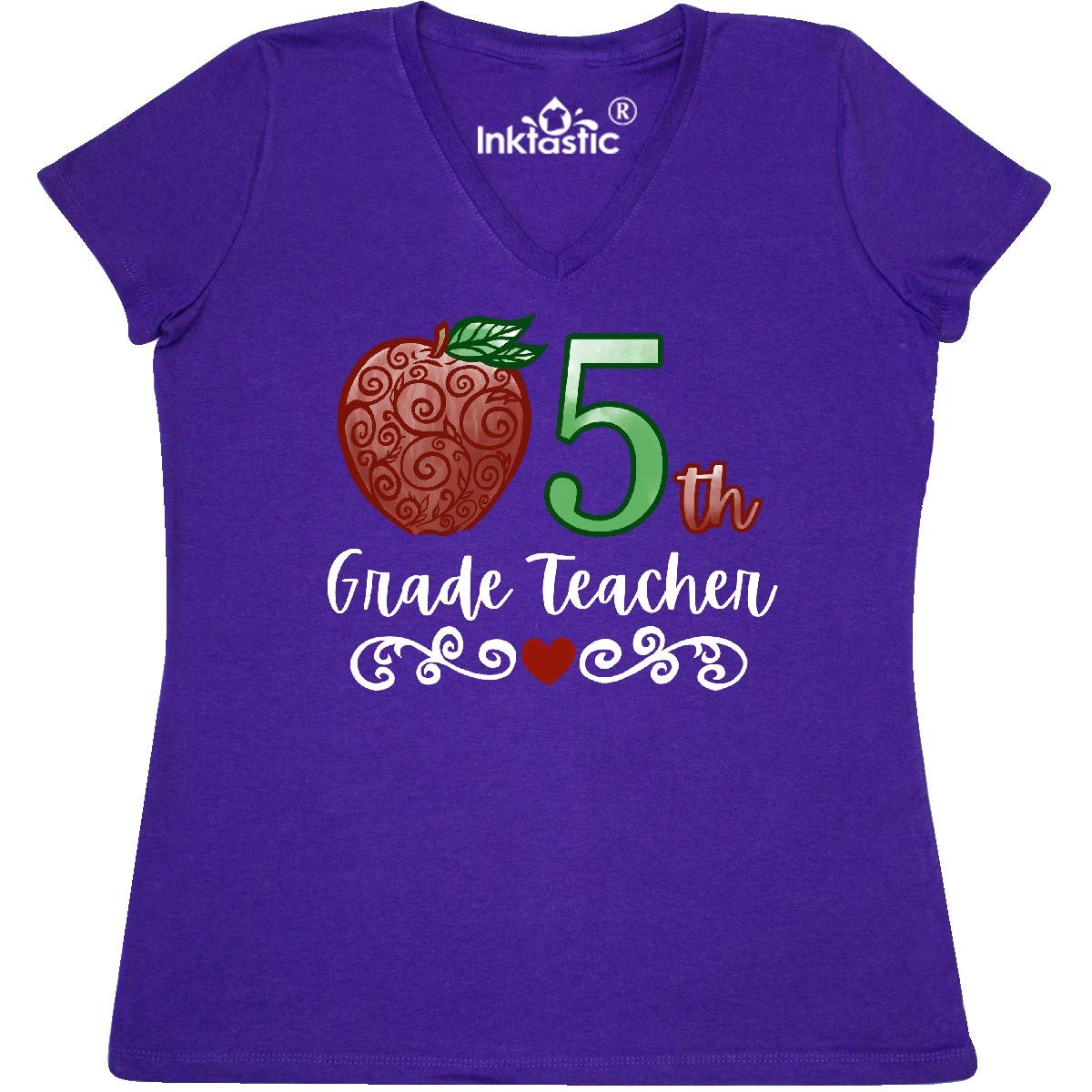 5th Grade Teacher T-Shirt with Red Apple Design - Women's V-Neck Casual Tee for Teacher Appreciation, Classroom Wear & School Spirit