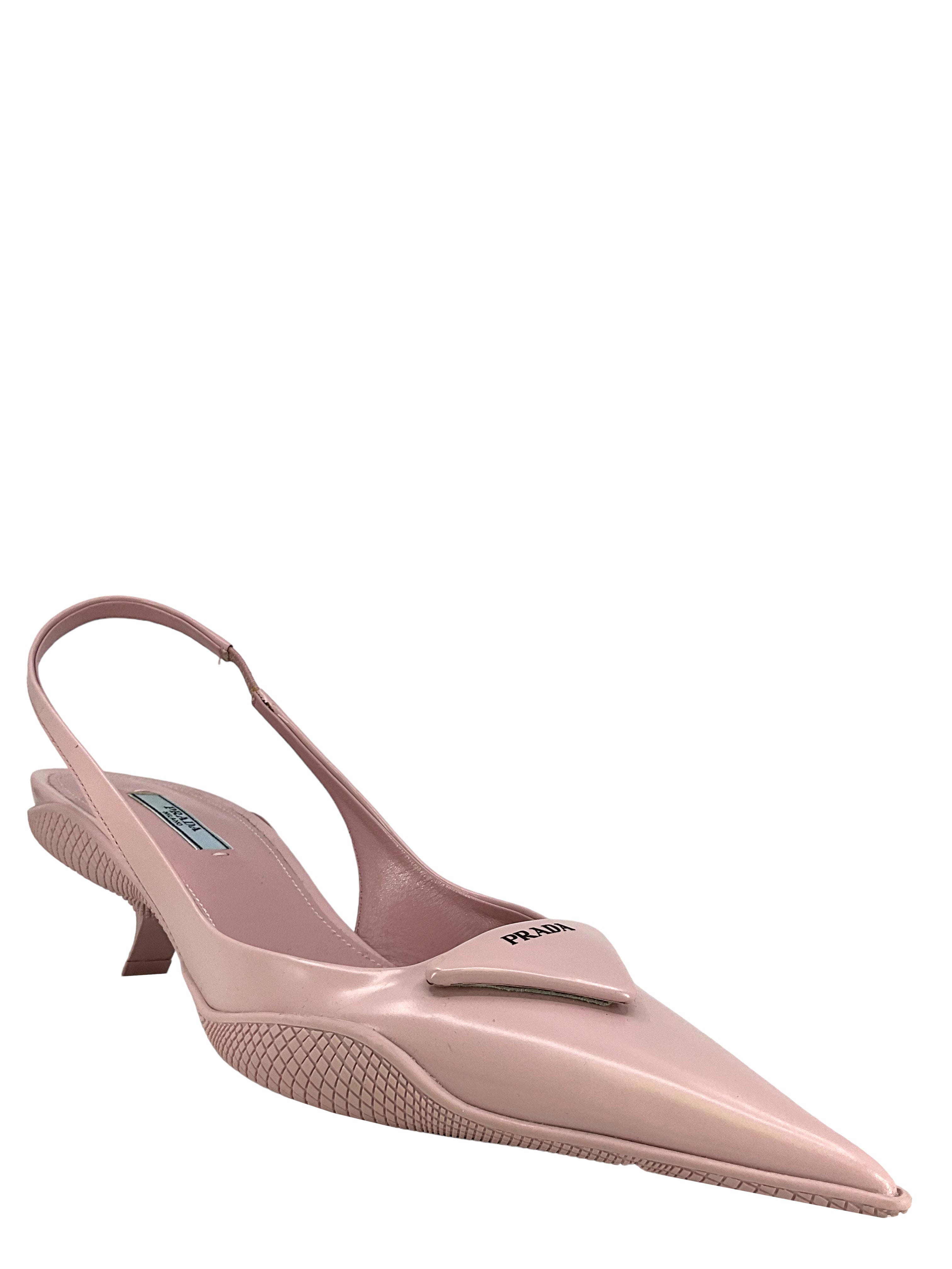 PRADA Spazzolato Leather Triangle Logo Pointed Toe Slingback Pumps Women's Size 8.5 - Elegant High Heels for Office, Party & Special Occasions