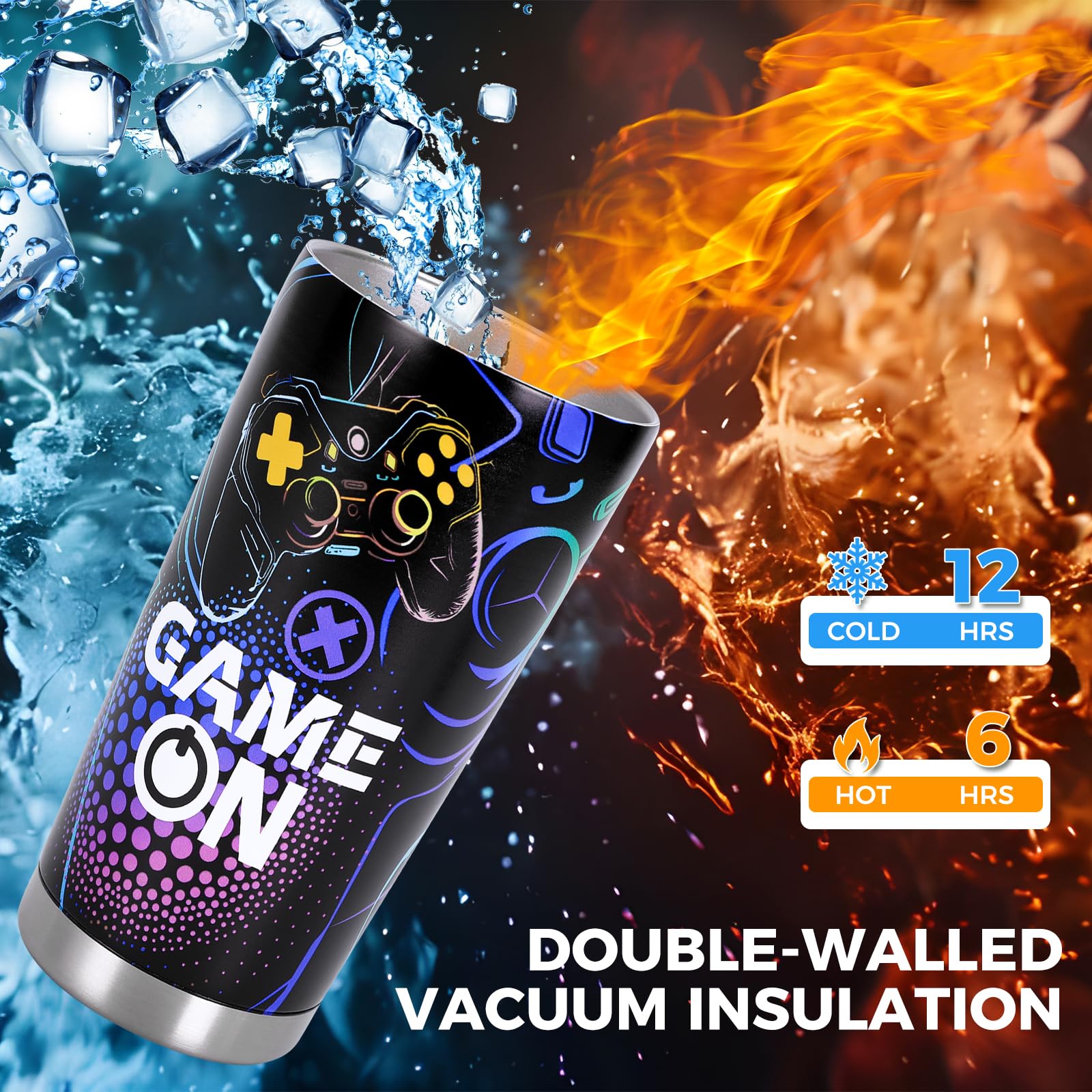 20oz Insulated Stainless Steel Gaming Tumbler with Handle & Lid - Leakproof Travel Mug for Gamers, Men, Women & Teens - Perfect Gift for Birthday, Valentine's Day - Great for Gaming Sessions, Office Use & Outdoor Activities