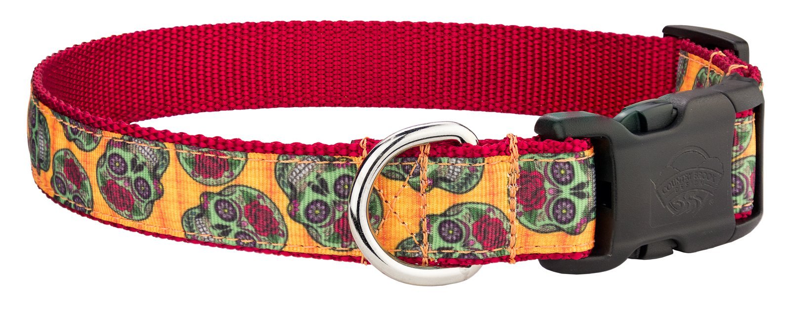 Country Brook Design® Deluxe Sugar Skulls Ribbon Dog Collar - Stylish & Comfortable Pet Accessory for Small & Medium Dogs - Perfect for Halloween, Dia de Los Muertos & Everyday Walk