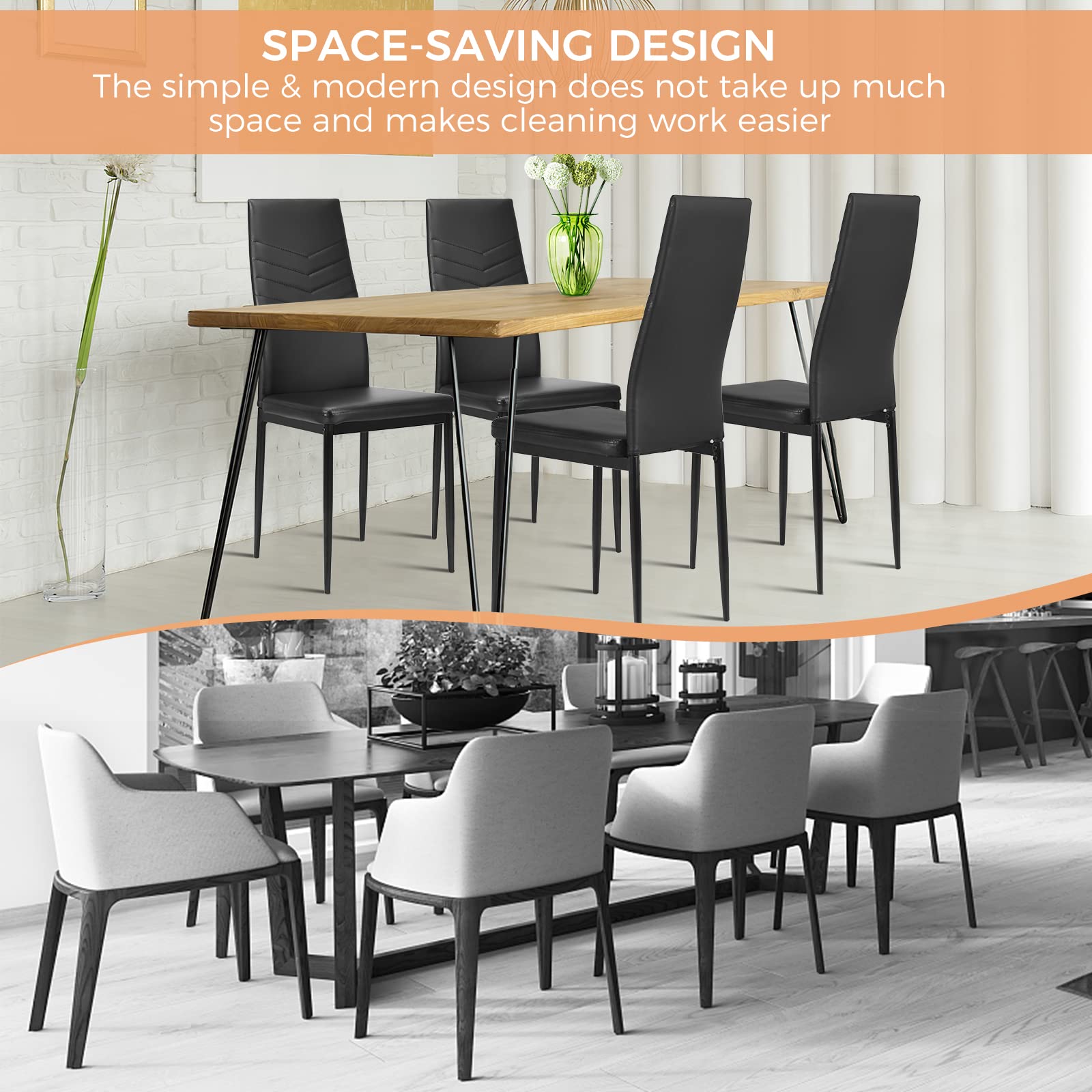 ERGOMASTER Modern Dining Chairs Set of 4 - Black PVC Upholstered Leather Padded Side Chairs with Sturdy Metal Legs & Non-Slip Feet for Dining Room, Kitchen, Living Room & Office