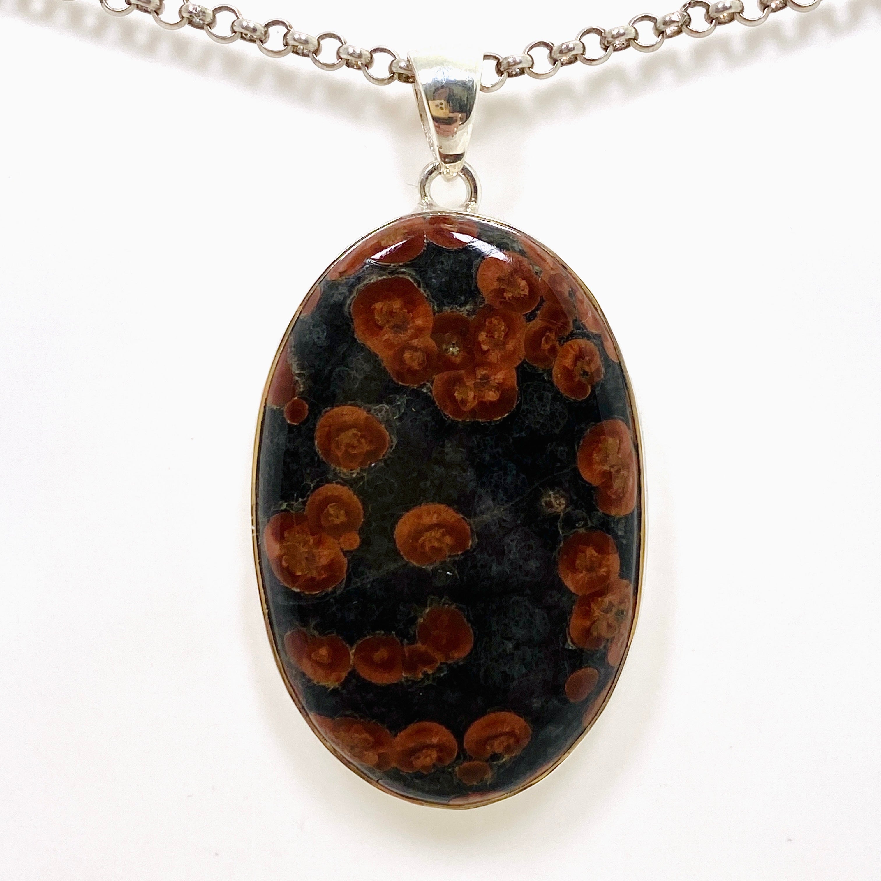 Natural Peanut Obsidian Perlite Oval Cabochon Pendant with Hammered Silver Setting KPGJ4769 - Elegant Handmade Jewelry for Women, Perfect for Gifts & Spiritual Healing