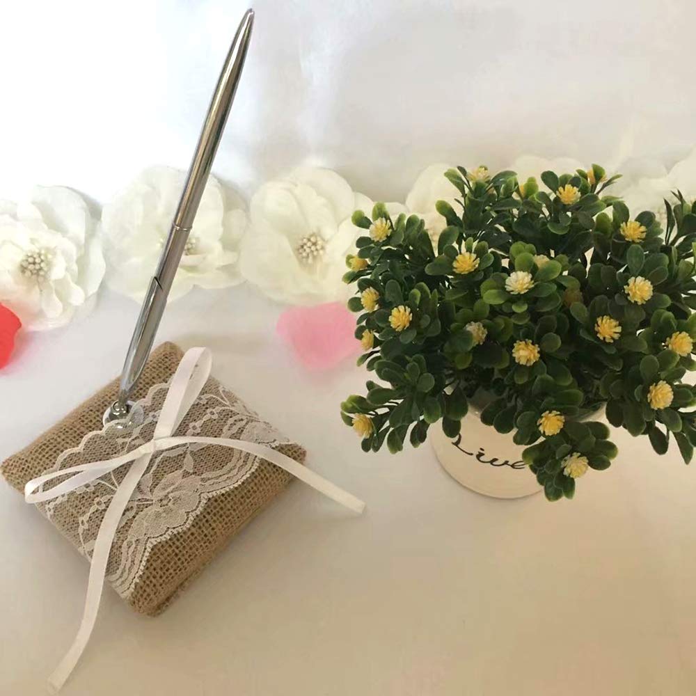 Elegant Wedding Signing Pen Set with Vintage Burlap Lace Holder - Calligraphy Pen for Bridal Engagement, Wedding Guest Book & Party Decorations - Perfect for Wedding Ceremonies, Receptions and Anniversary Celebrations