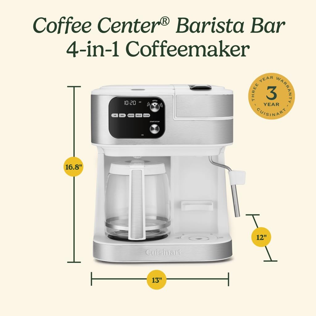Cuisinart 4-in-1 Coffee Maker Barista System - Single Serve, Espresso & Nespresso Capsule Compatible Coffee Machine with 12-Cup Glass Carafe (White, SS-4N1W) - Perfect for Home, Office and Small Cafes