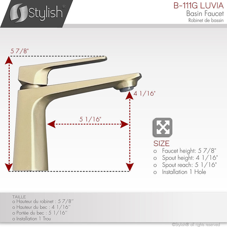 LUVIA B111G Single Hole Bathroom Faucet Brushed Gold - Modern Waterfall Bathroom Sink Faucet for Vanity, Powder Room & Guest Bath - Easy Installation & Durable Finish