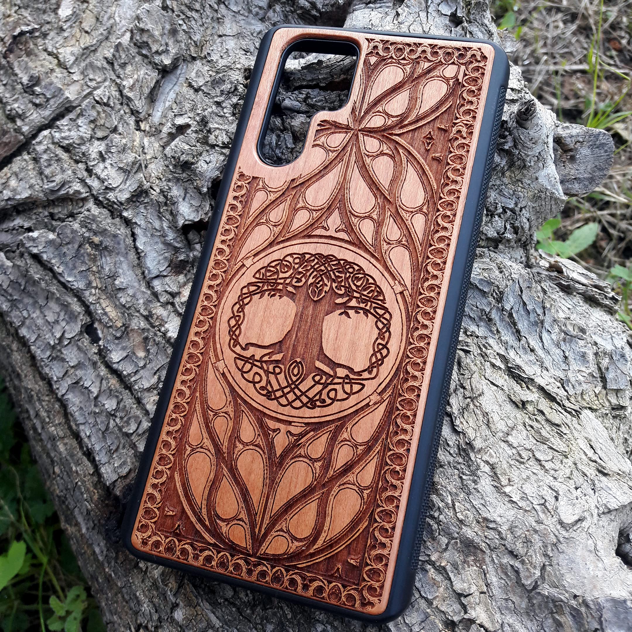 Celtic Tree Laser Engraved Wood Phone Case for iPhone 16/15/14/13/12/11 Pro Max/Mini & Galaxy S25/S24/S23/S22/S21/S20 Ultra Plus - Eco-Friendly Slim Durable Wooden Cover - Perfect for Nature Lovers & Unique Gift Ideas