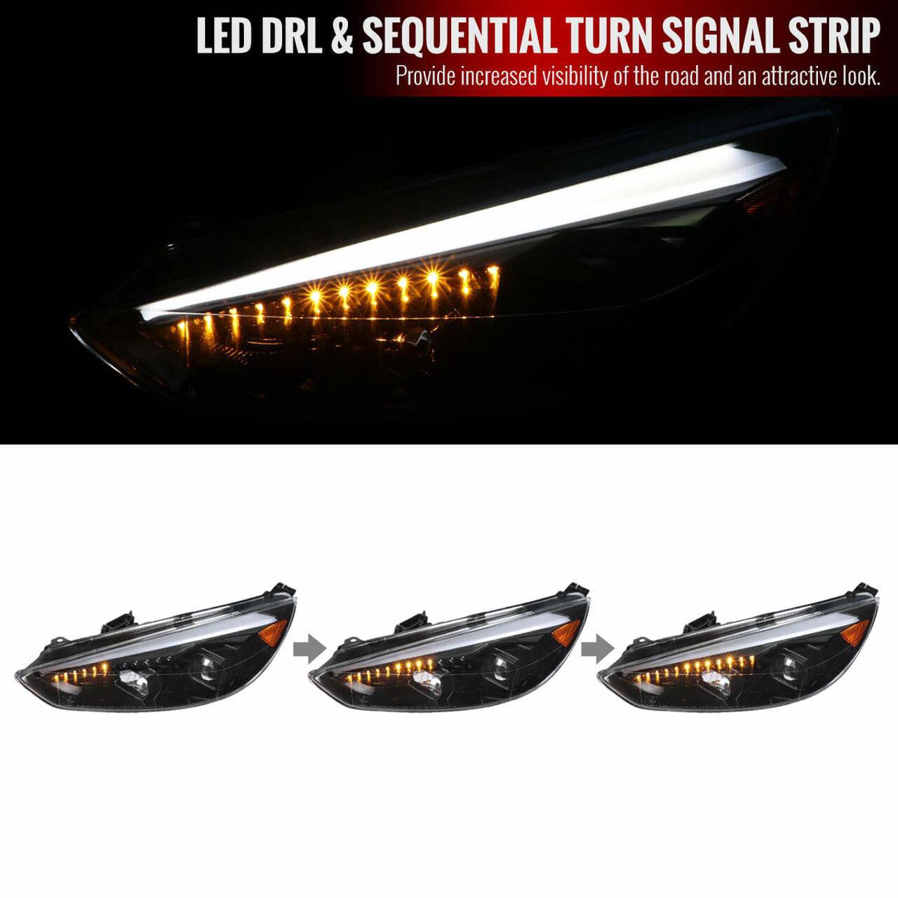 2015-2018 Ford Focus LED Headlight Kit with Sequential Turn Signals & Projector - Jet Black Housing & Clear Lens - Upgrade for Night Driving & Custom Look