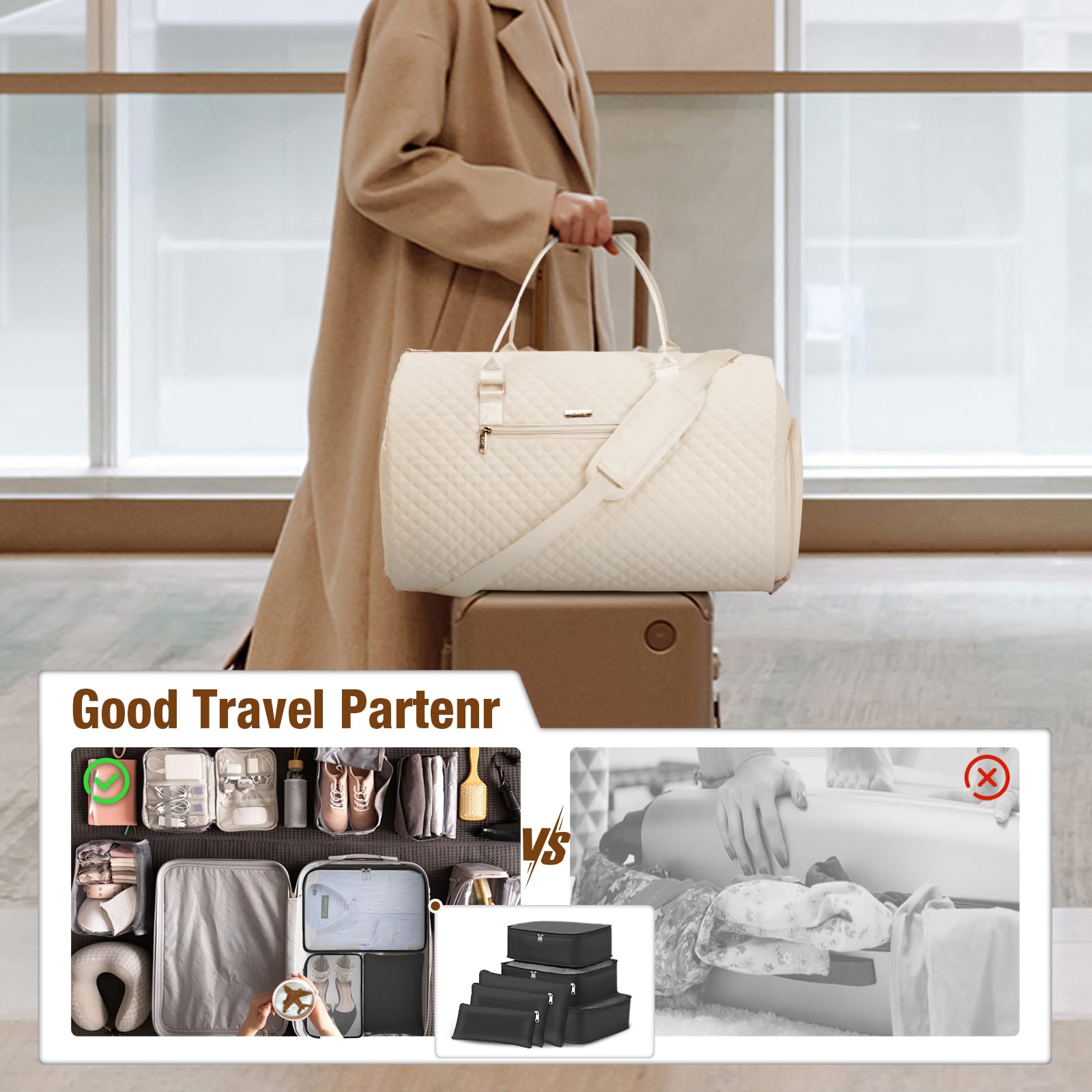 6-Piece Garment Bag Set with Convertible Weekender & Packing Cubes - Large Travel Duffle Bag for Women, Black - Perfect for Business Trips, Vacations & Airplane Carry-On