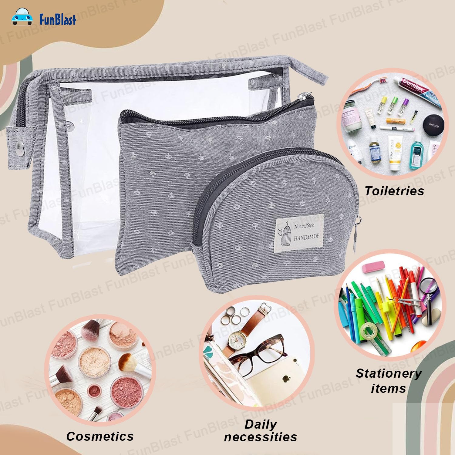 FunBlast 3-Pack Cosmetic Makeup Bags for Women - Waterproof Travel Toiletry Organizer with Zipper, Portable Vanity Pouch for Makeup, Jewelry & Essentials - Perfect for Travel, Gym, Work & Daily Use (Grey)