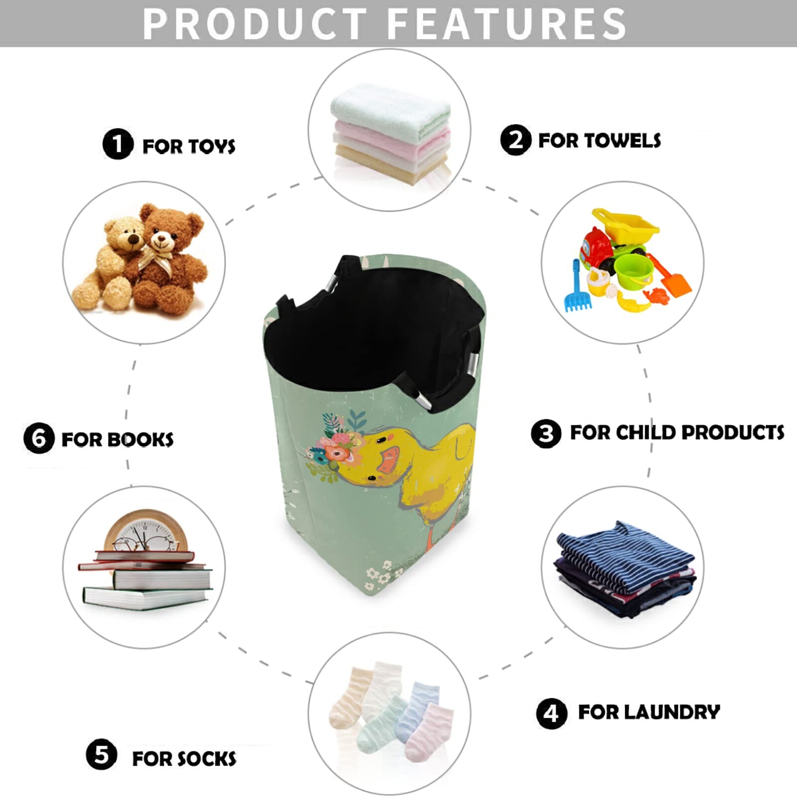 Visesunny Large Laundry Hamper Basket - Water-Resistant Oxford Cloth Storage Organizer with Cute Duck & Wreath Design for Bedroom, Bathroom, Dorm, Kids Room - Perfect for Clothes, Toys & Home Organization