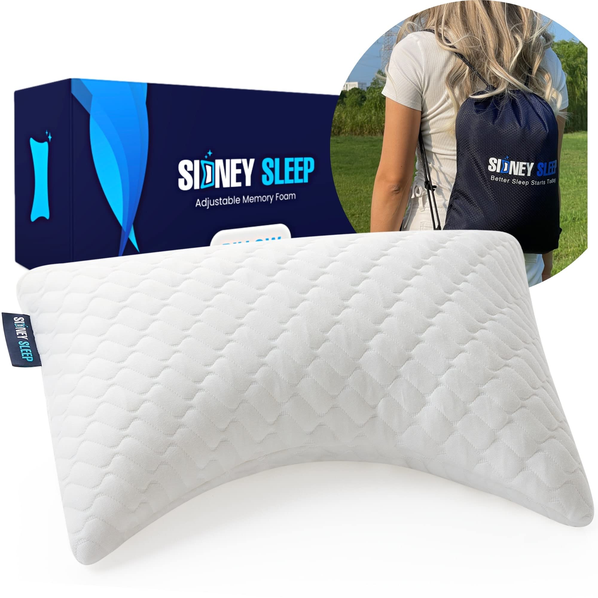 Sidney Sleep Mini Travel Neck Pillow for Knee, Back & Lumbar Support - 14x19 Inch Small Curved Pillow with Adjustable Loft - Washable & Portable with Drawstring Backpack - Perfect for Airplanes, Cars, Office & Home Use