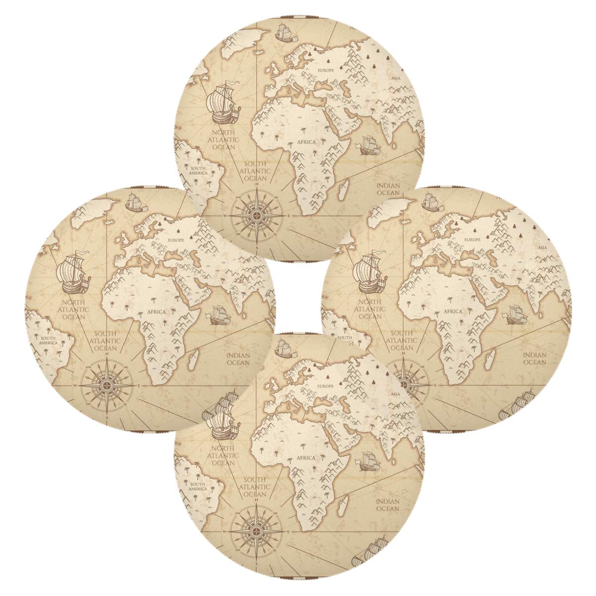 World Map Ship Themed Placemats Set of 4 - 15.4 Inch Waterproof Dining Table Mats for Kitchen, Holiday Dinner & Home Decor - Perfect for Christmas, Thanksgiving and Coastal Theme Parties