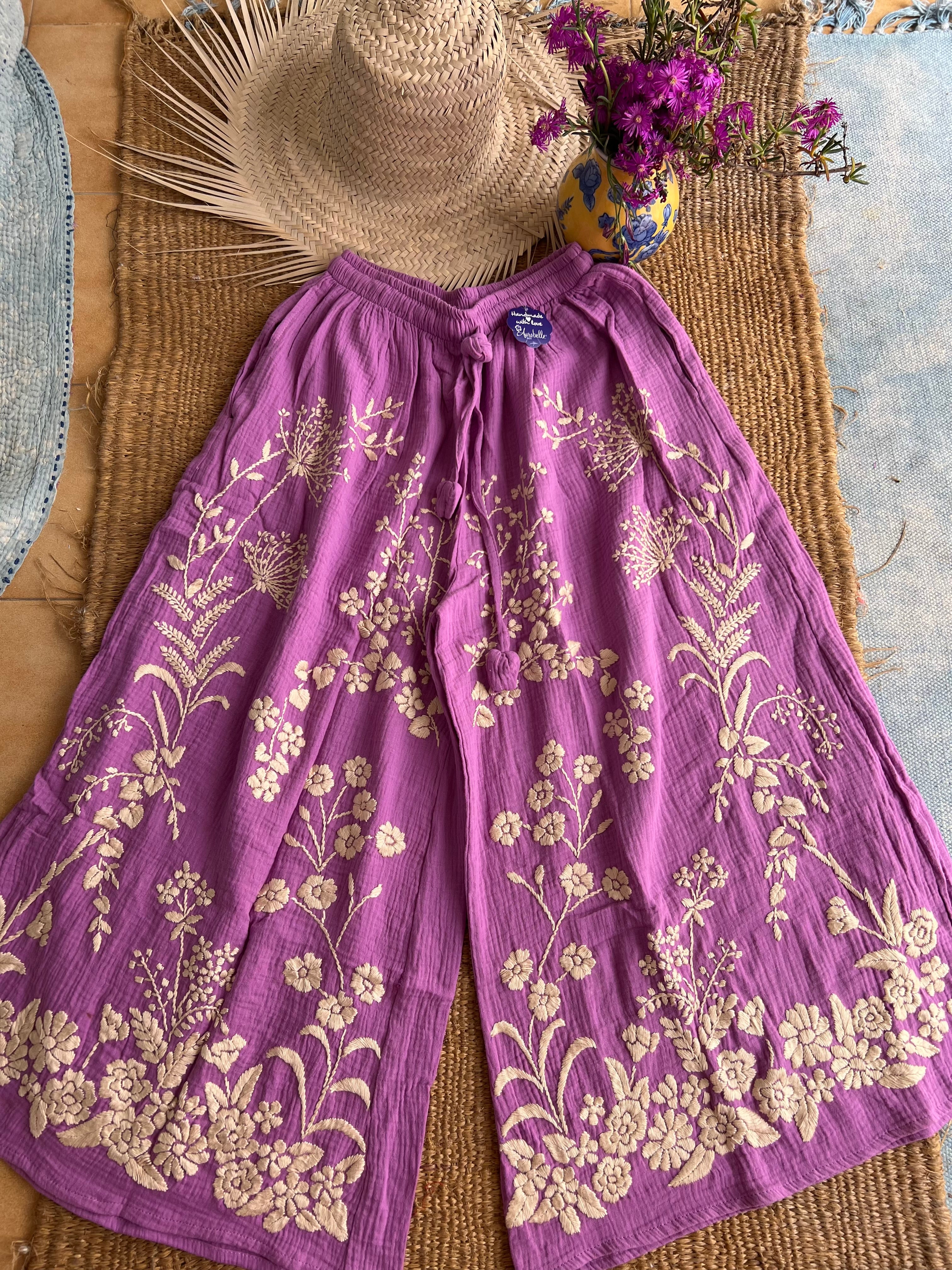 Boho Floral Embroidered Pants for Women - Handmade Chiang Mai Style Cotton Palazzo Trousers for Beach, Yoga & Festival Wear