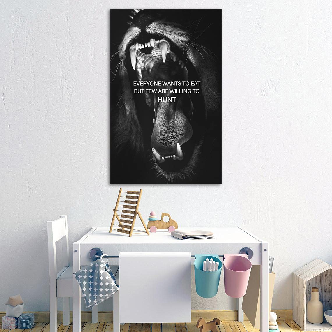 Lion Hunt Motivational Canvas Wall Art - Inspirational Entrepreneur & Beast Mode Poster with Lion Teeth Quote - Success Art for Living Room, Bedroom, Office - Framed & Ready to Hang - Perfect for Home Decor, Office Motivation & Gifts