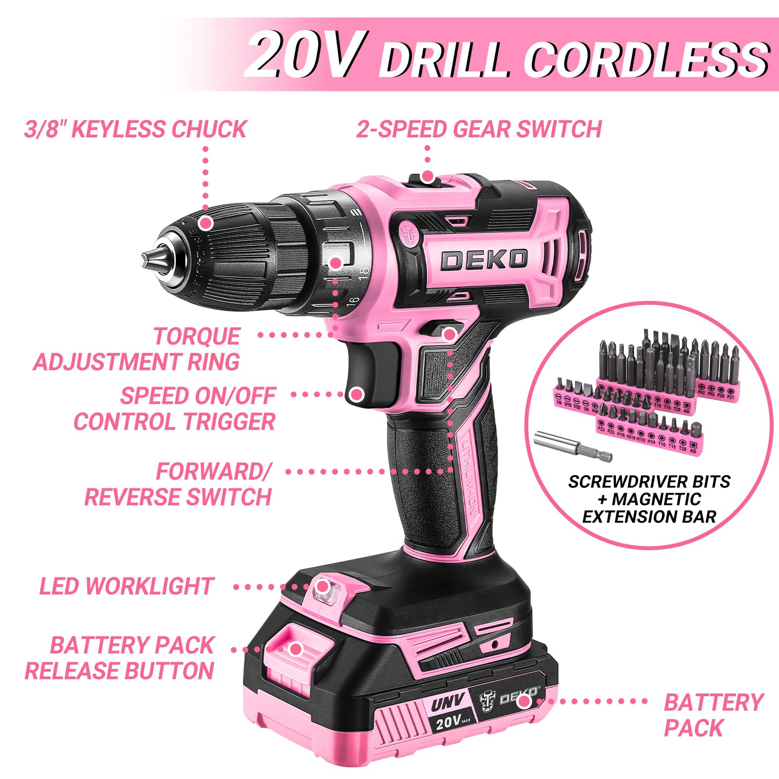 DEKOPRO 20V Cordless Drill Kit - Pink Power Drill Set with Battery, Electric Drill Driver, Toolbox & Accessories for Home Repair, DIY Projects, Woodworking & Handyman Tasks (DKMT186-GP)