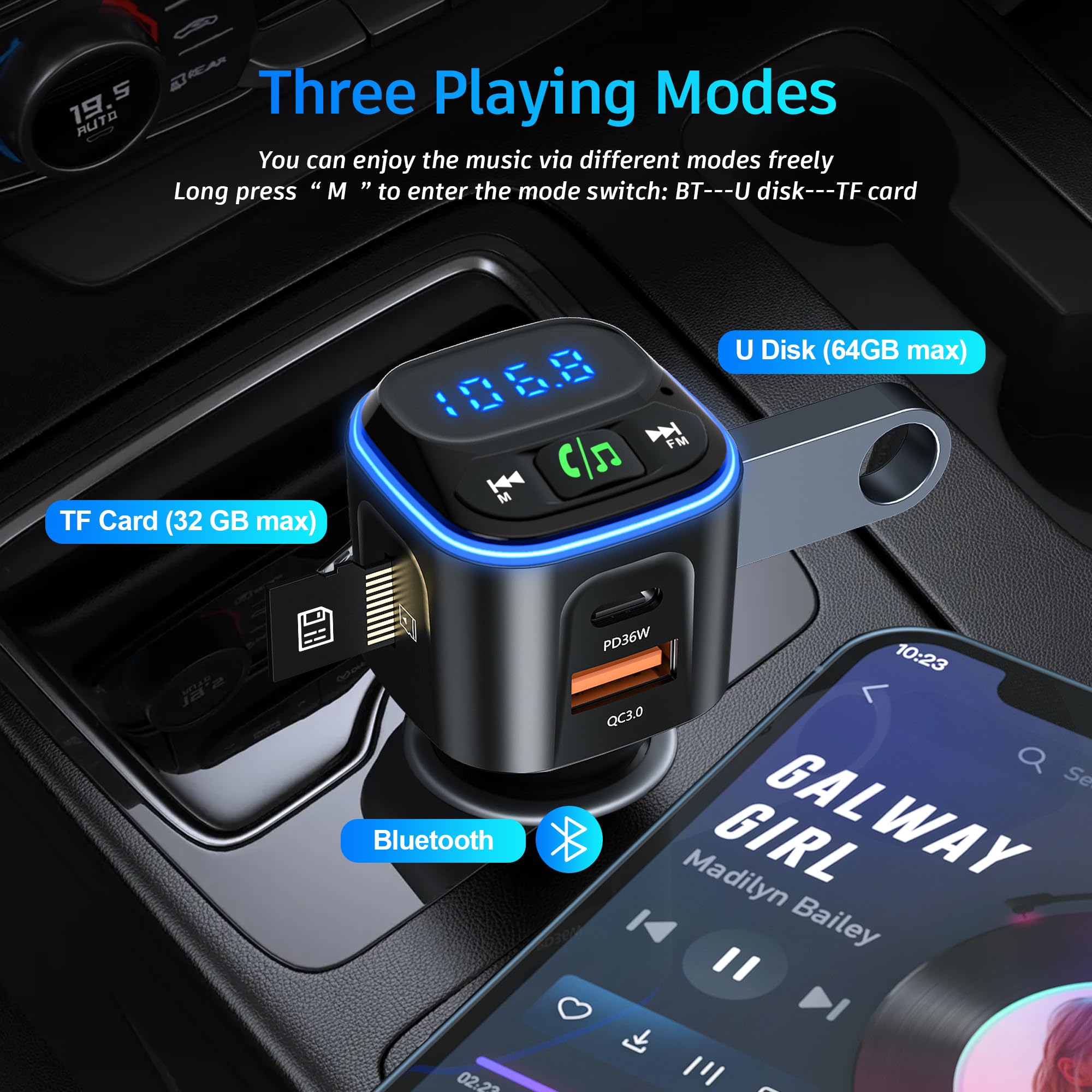 SONRU Bluetooth FM Transmitter V5.3 - Car Adapter with QC18W Fast Charger & Hi-Fi Sound for Hands-Free Driving