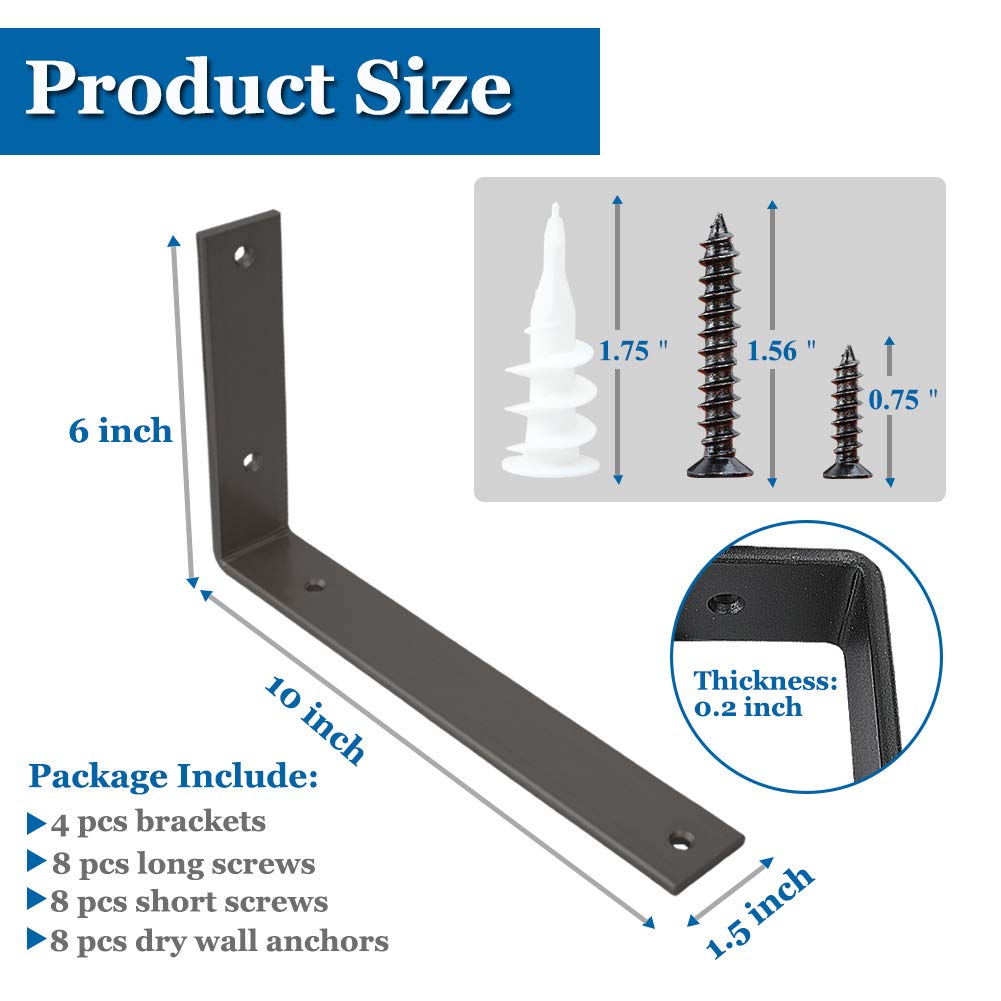 10 Inch Heavy Duty Black Metal Shelf Brackets - Industrial Rustic Wall Mounted L Brackets for DIY Shelving with Screws Included - Perfect for Home Office, Kitchen, and Garage Storage Solutions