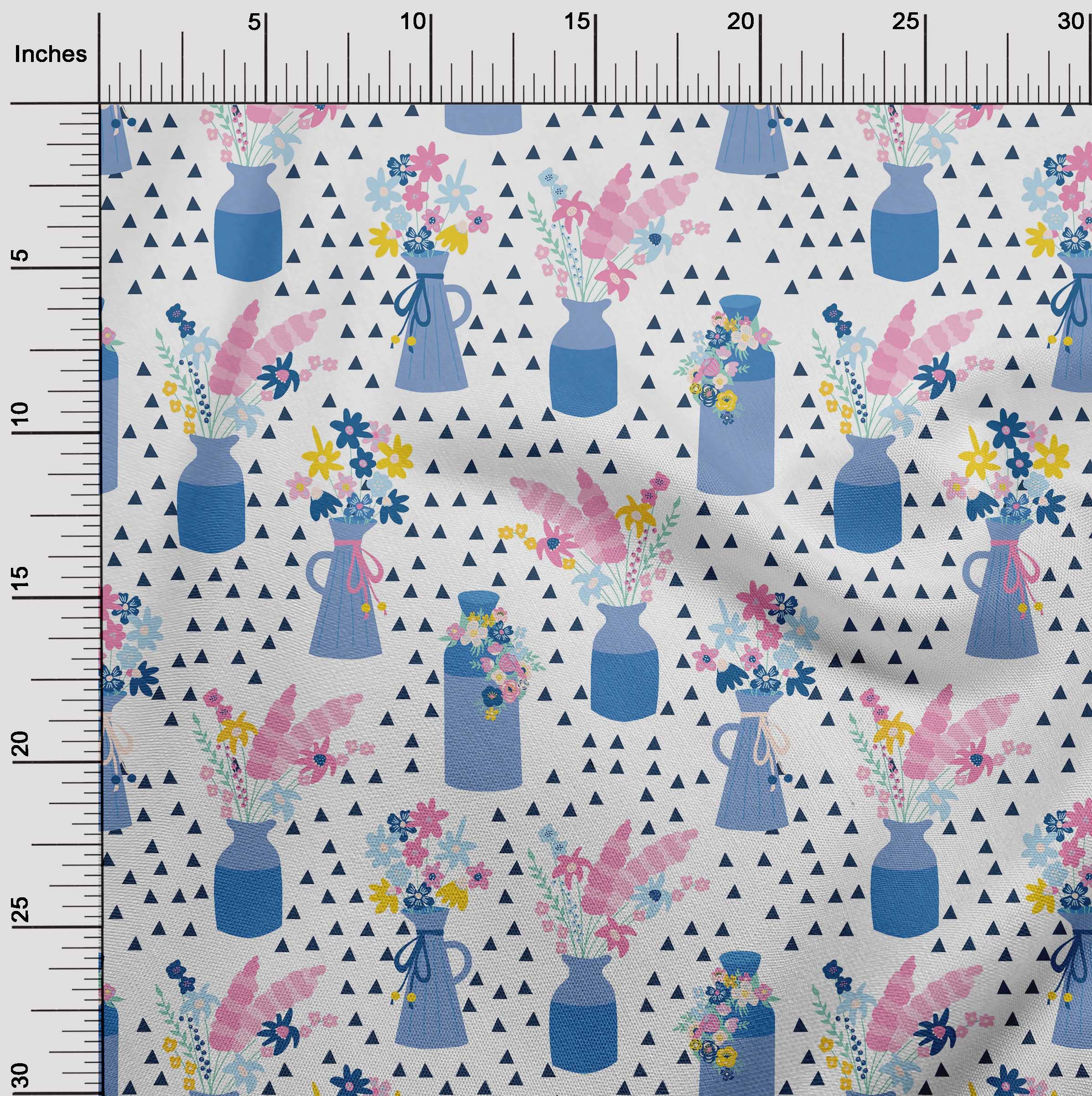 oneOone Silk Tabby Medium Blue Floral Vase Print Fabric - 42 Inch Wide Geometric Design Sewing Material for DIY Crafts, Home Decor & Quilting Projects