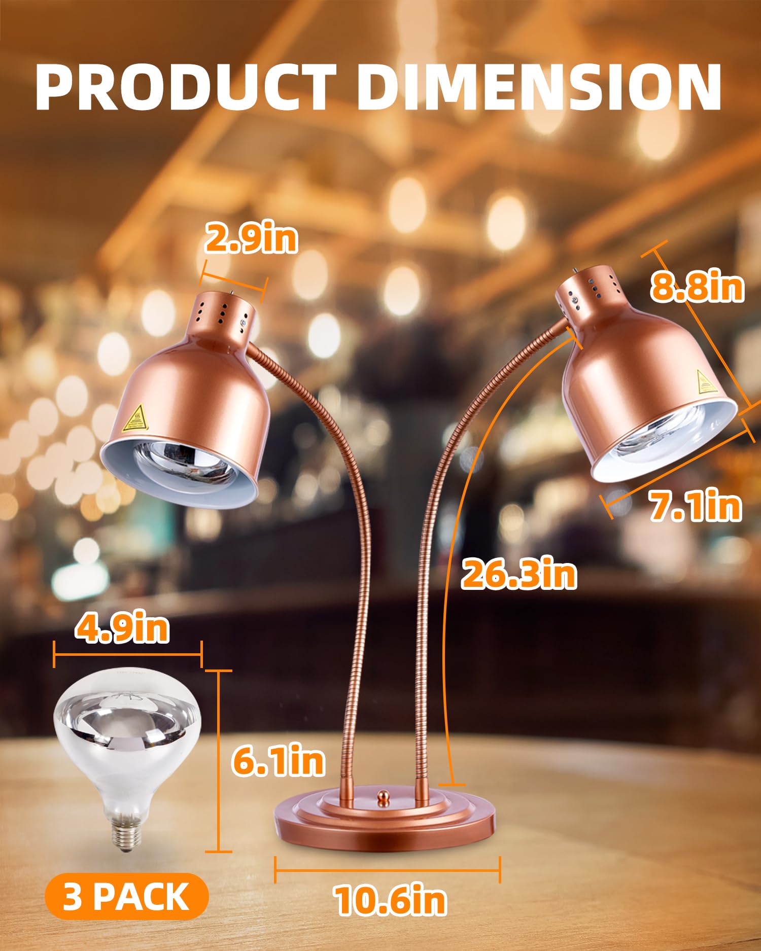 Commercial Food Heat Lamp with 3 Rapid-Heating Bulbs - 500W Electric Food Warmer for Catering, Buffets & Restaurants - Painted Copper Finish for Steady Heating - Perfect for Keeping Dishes Warm at Parties, Events & Food Service Stations