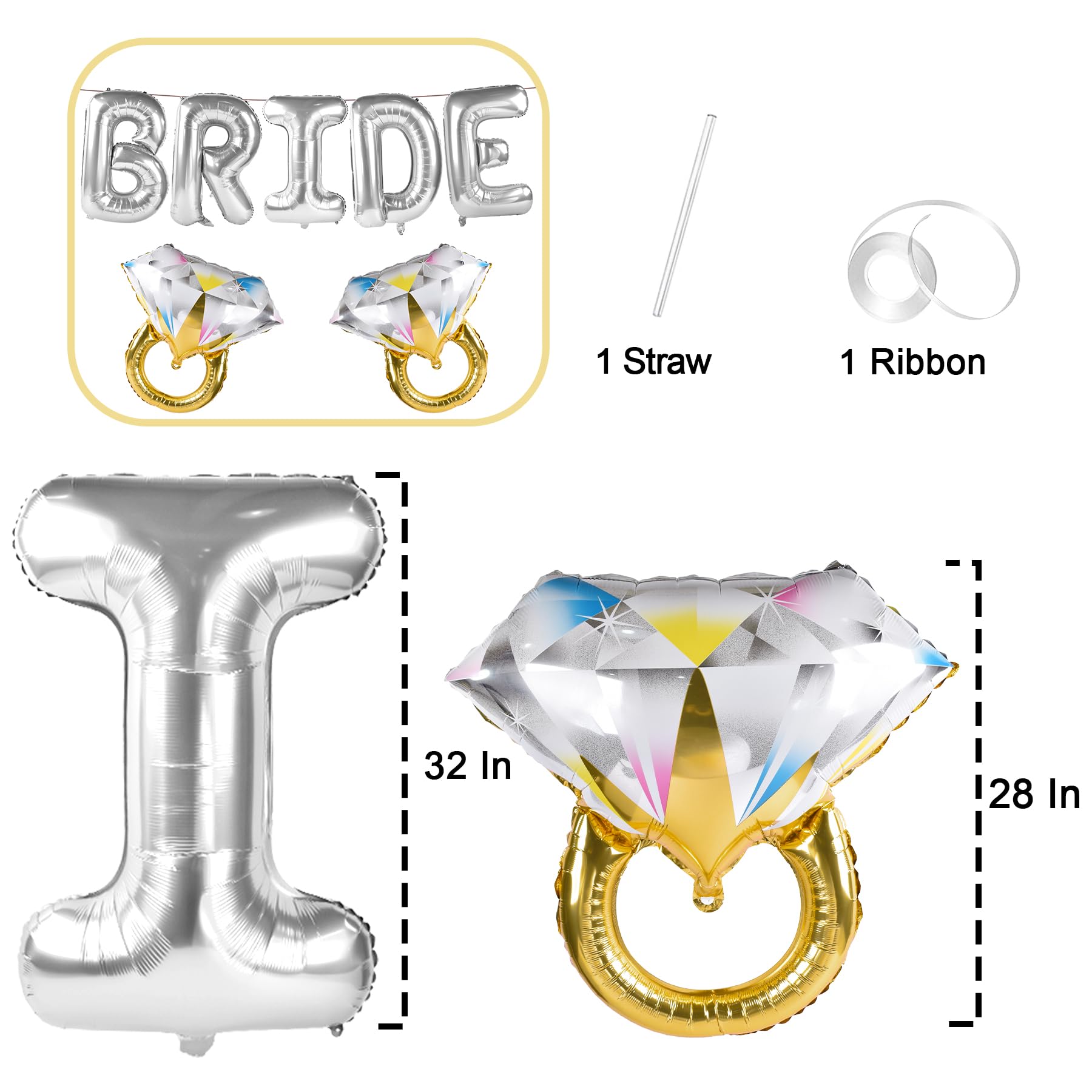 Large Silver Bride Balloons with 2 Ring Balloons - Wedding Decor for Bridal Showers, Bachelorette Parties & Engagement Celebrations | Perfect for Photo Backdrops, Table Centerpieces & Venue Decorations
