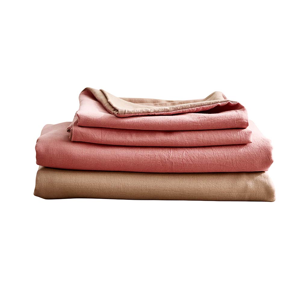 Luxury Washed Cotton Sheet Set - Soft & Breathable, Pink & Brown, Double Size - Perfect for Cozy Bedrooms & Guest Rooms
