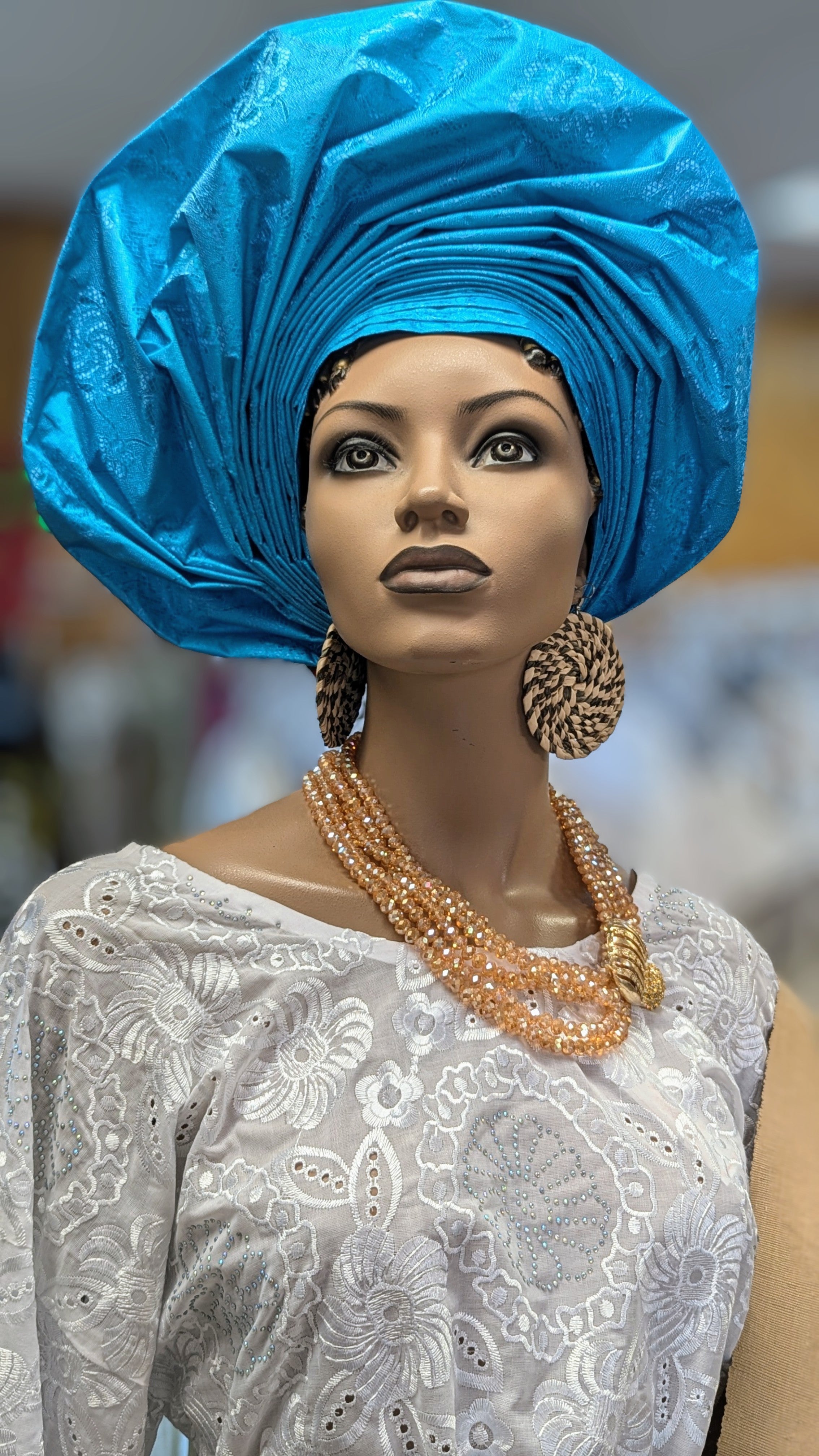 Dupsie's Ireti Crown Blue Pre-Tied Gele Head Wrap - Ready to Wear African Headpiece for Weddings, Parties & Special Events