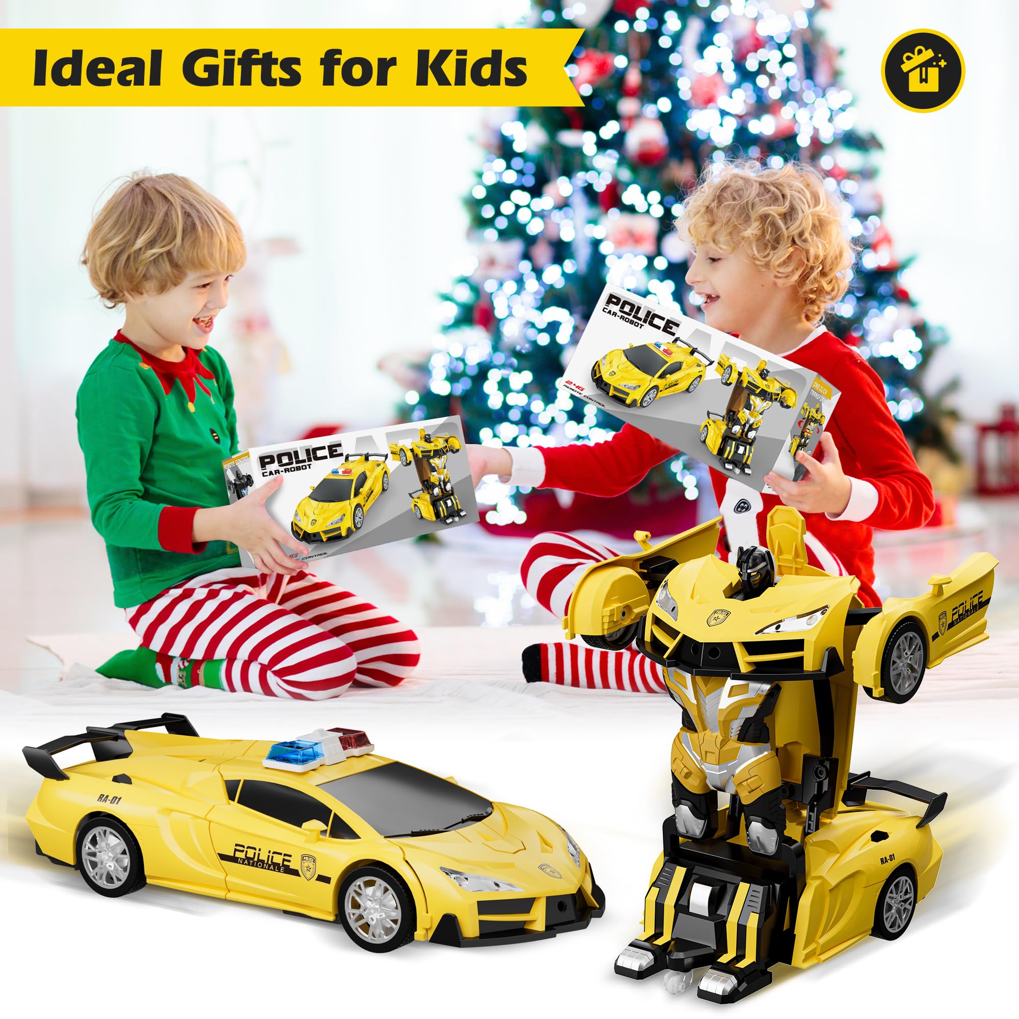 2.4Ghz Remote Control Car - 1:18 Scale Transforming Robot Police Toy with One-Button Deformation & 360° Rotation for Kids Ages 4-12 | Interactive RC Toy for Boys & Girls (Yellow) | Perfect for Indoor Play, Birthday Gifts & STEM Learning