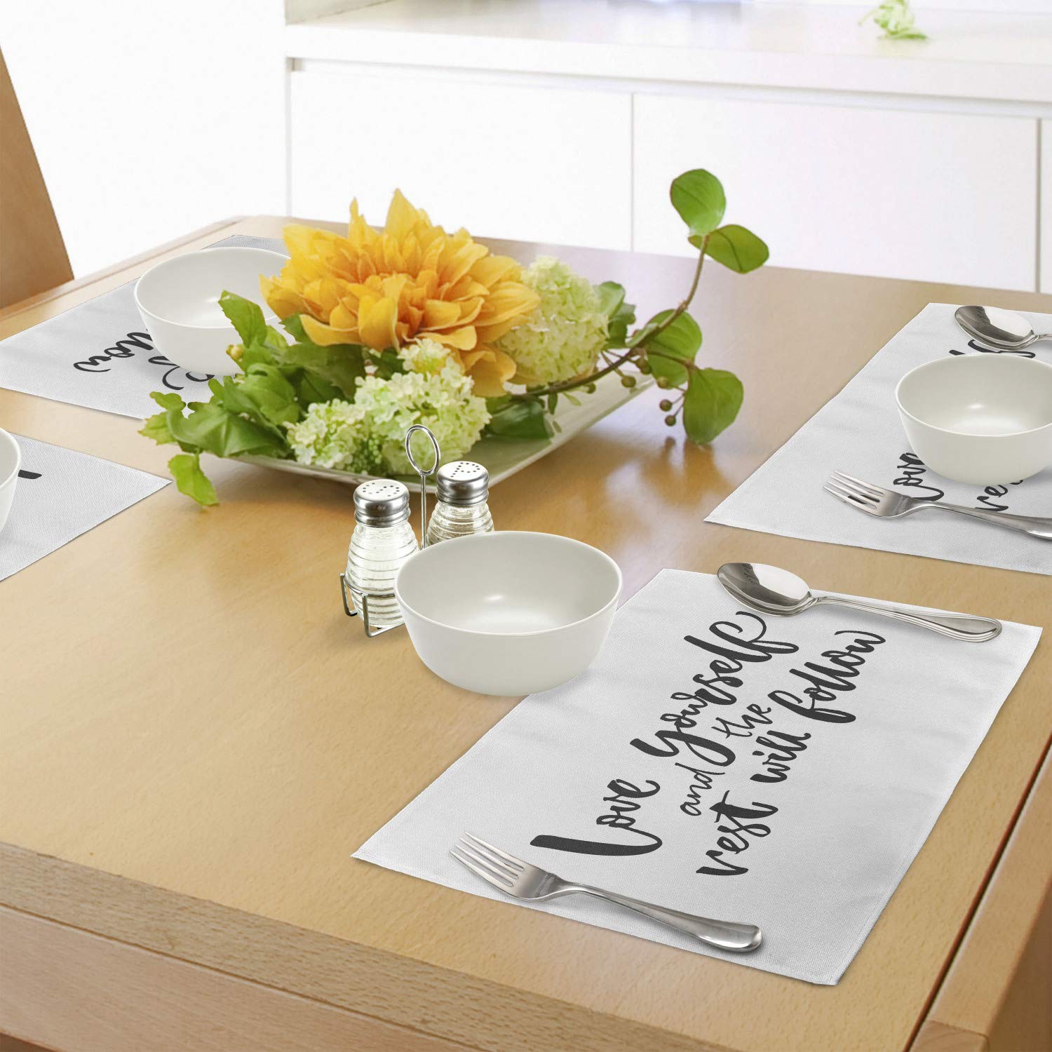Ambesonne Inspirational Place Mats Set of 4 - 'Love Yourself' Motivational Phrase - Washable Fabric Dining Table Mats - Standard Size Charcoal Grey & White - Perfect for Home Decor, Dinner Parties & Daily Inspiration