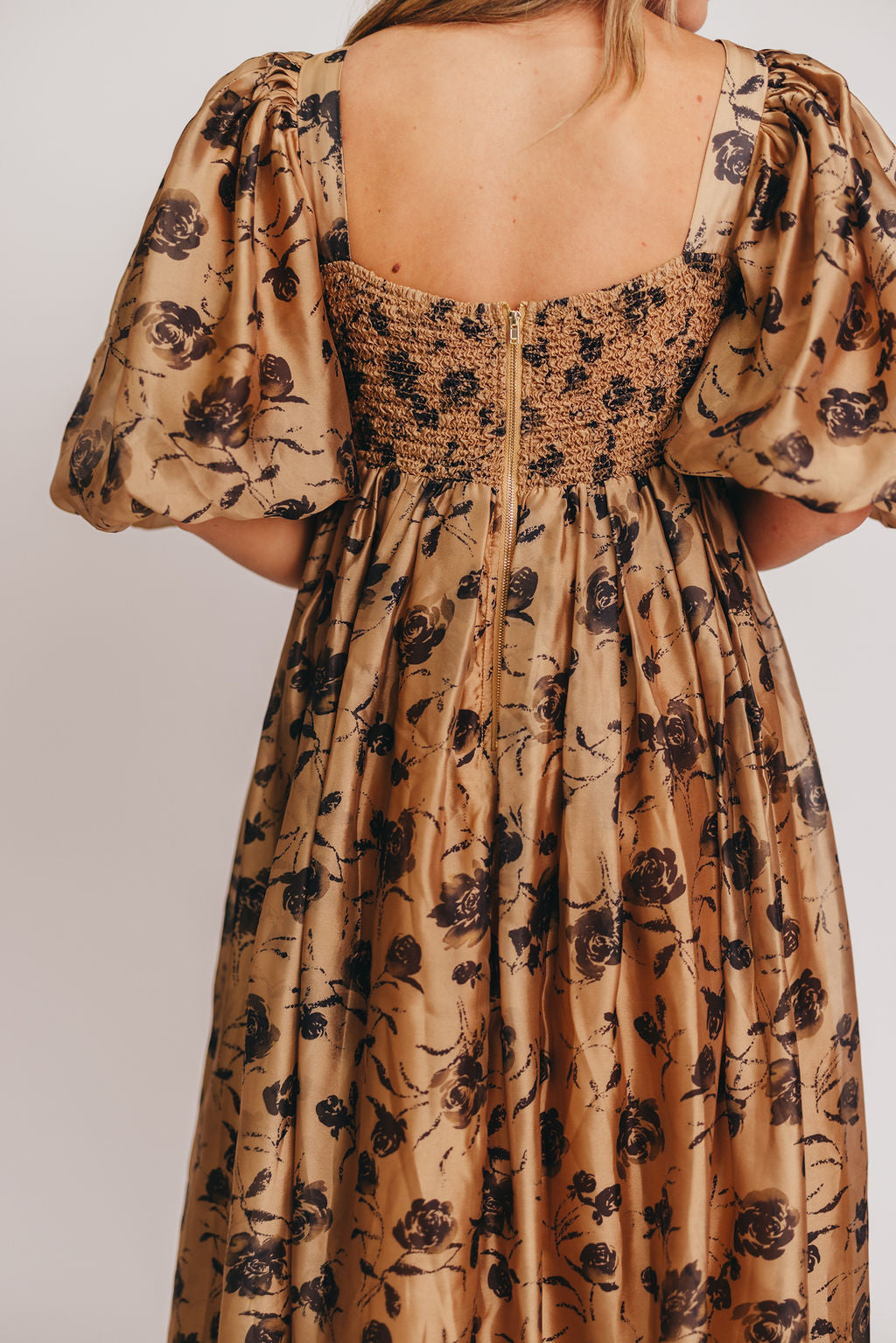 Harlow Camel & Black Floral Maxi Dress with Stretchy Neckline - Bump Friendly Maternity Dress for Women | Perfect for Pregnancy, Special Occasions & Everyday Wear (Restocking Early Fall)