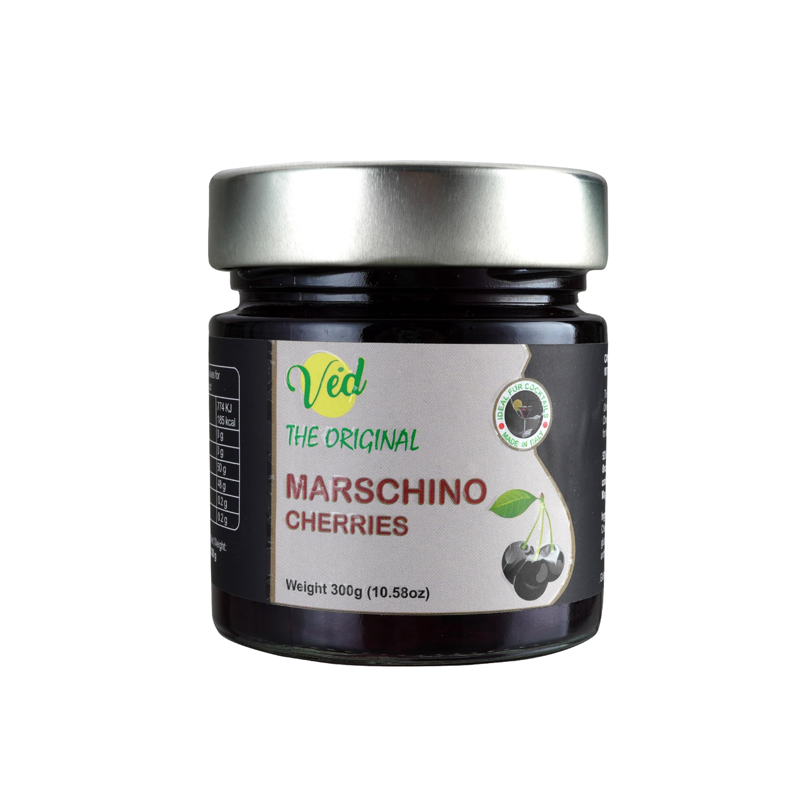 Premium Black Maraschino Cherries from Italy - Vegan Cocktail Cherries in Natural Syrup for Old Fashioned, Bourbon & Whiskey Drinks - Perfect Garnish for Cocktails, Desserts & Ice Cream - 300g Glass Jar