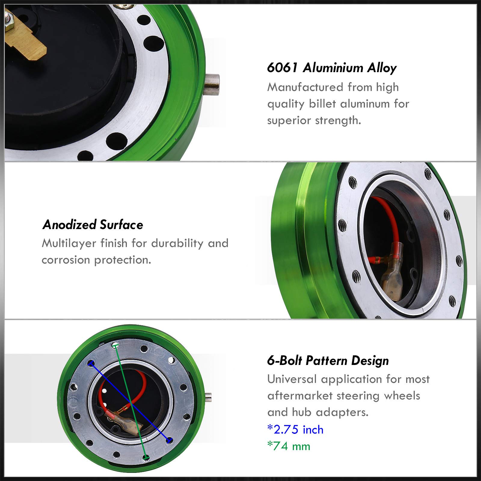 Universal JDM VIP USDM KDM DTM Euro 6-Bolt Quick Release Steering Wheel Adapter Hub Kit - Slim Aluminum Detachable Snap-Off Boss for Aftermarket Wheels (Green) - Perfect for Car Racing, Drifting & Custom Builds