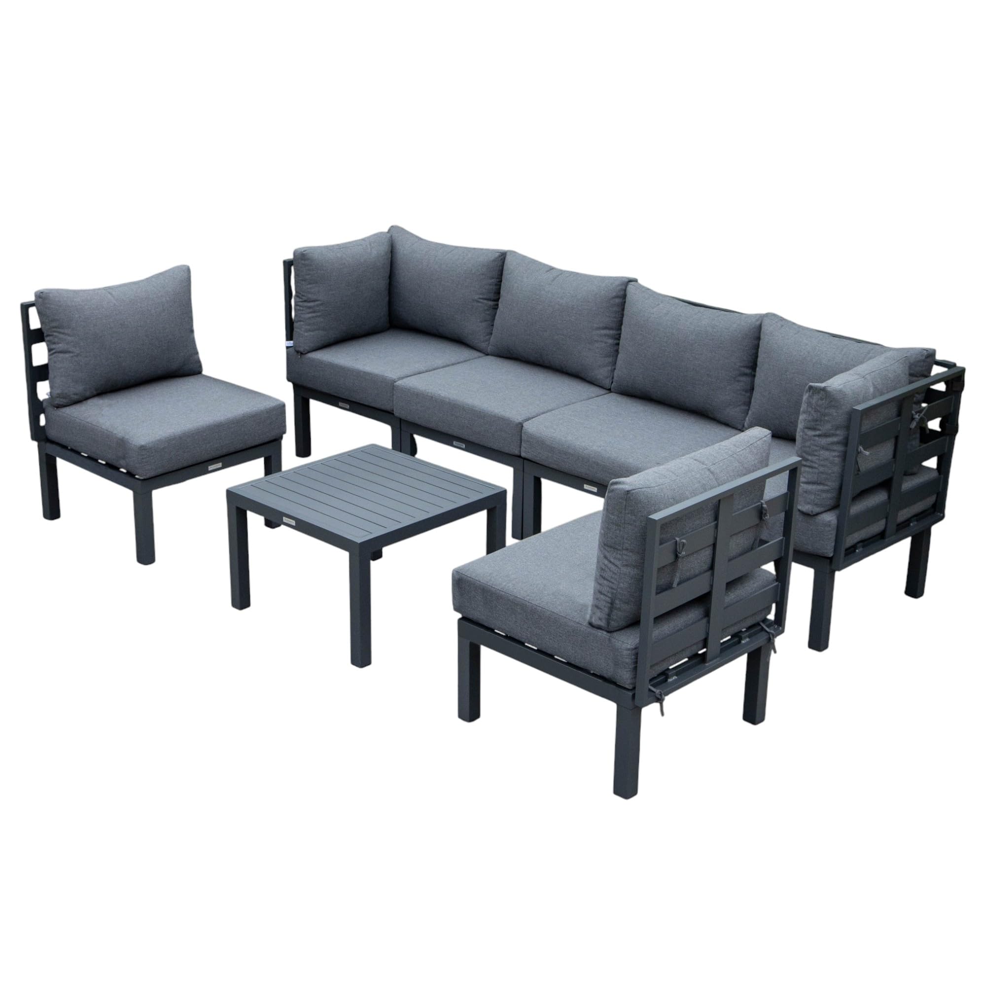 LeisureMod 7-Piece Outdoor Patio Set with Coffee Table - Black Aluminum Sectional & Cushions for Garden Relaxation